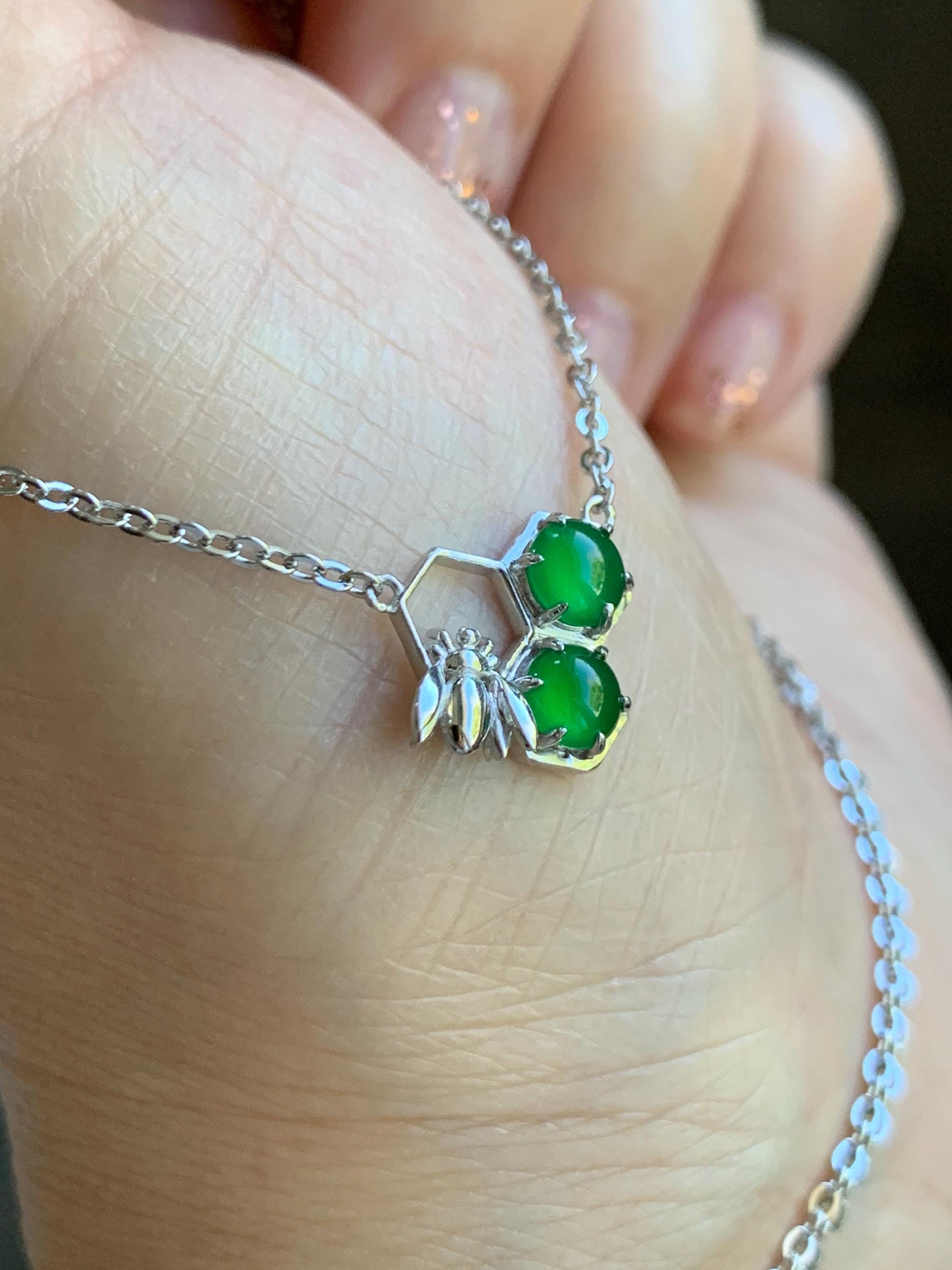 Certified Natural Grade A Guatemalan Icy Translucent Vibrant Green Jadeite Honeycomb Necklace Sterling Silver Adjustable 天然冰危绿翡翠蜂巢镶嵌项链 487