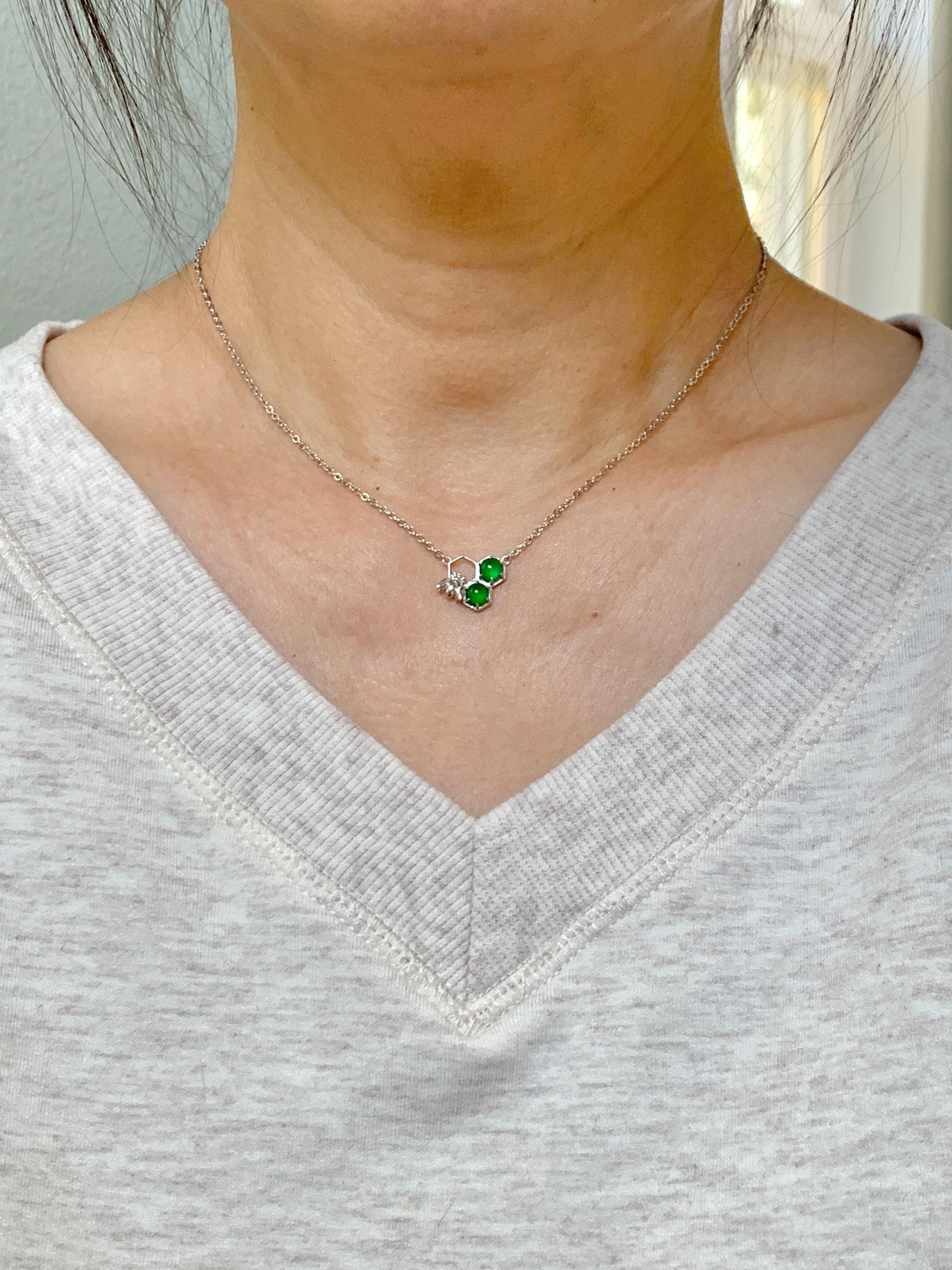 Certified Natural Grade A Guatemalan Icy Translucent Vibrant Green Jadeite Honeycomb Necklace Sterling Silver Adjustable 天然冰危绿翡翠蜂巢镶嵌项链 487