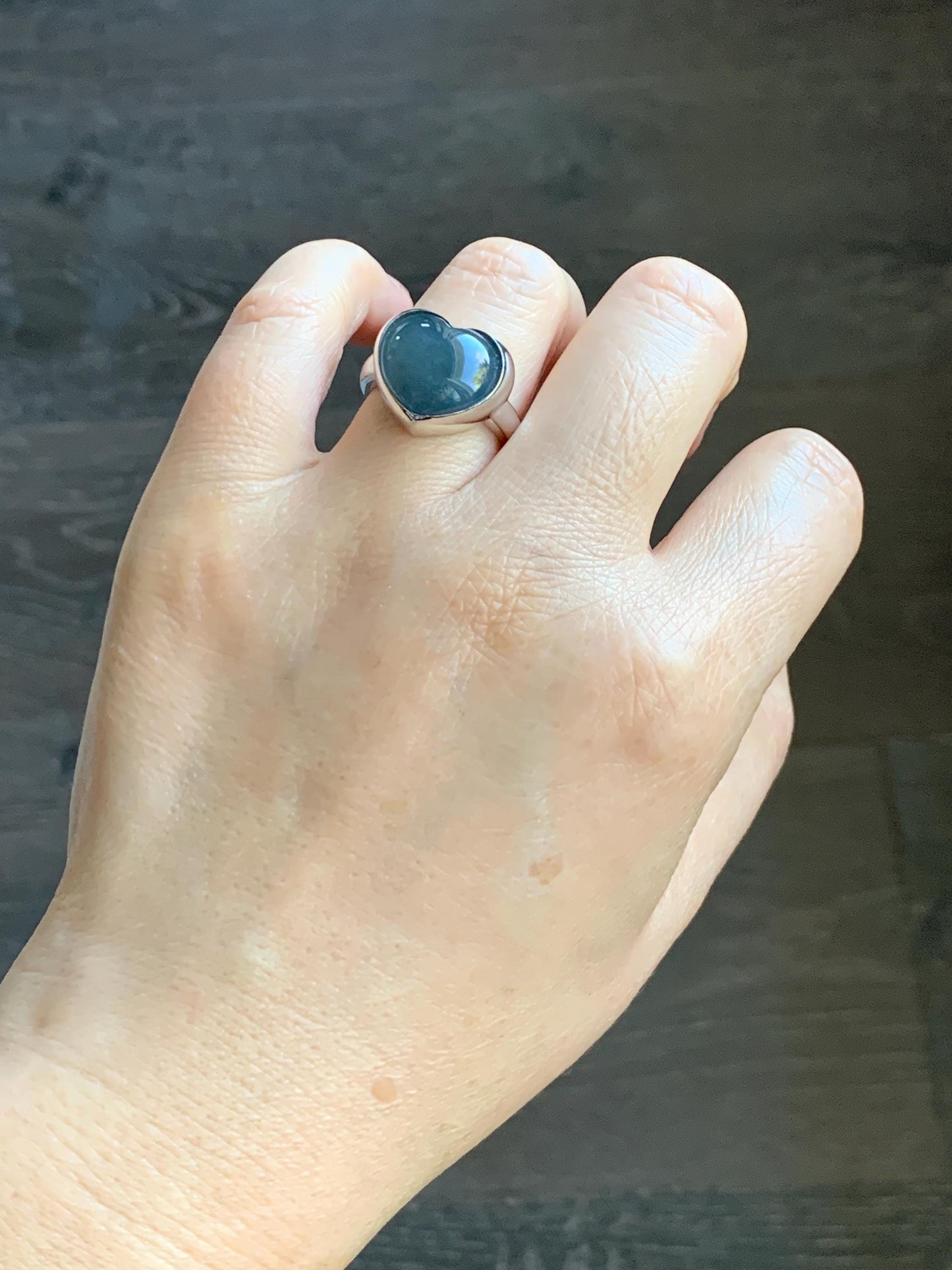Certified Natural Grade A Guatemalan Icy Translucent Dark Grayish Blue Jade Jadeite Heart Ring Sterling Silver Size 7.25 天然冰危暗蓝翡翠爱心银镶戒指 179