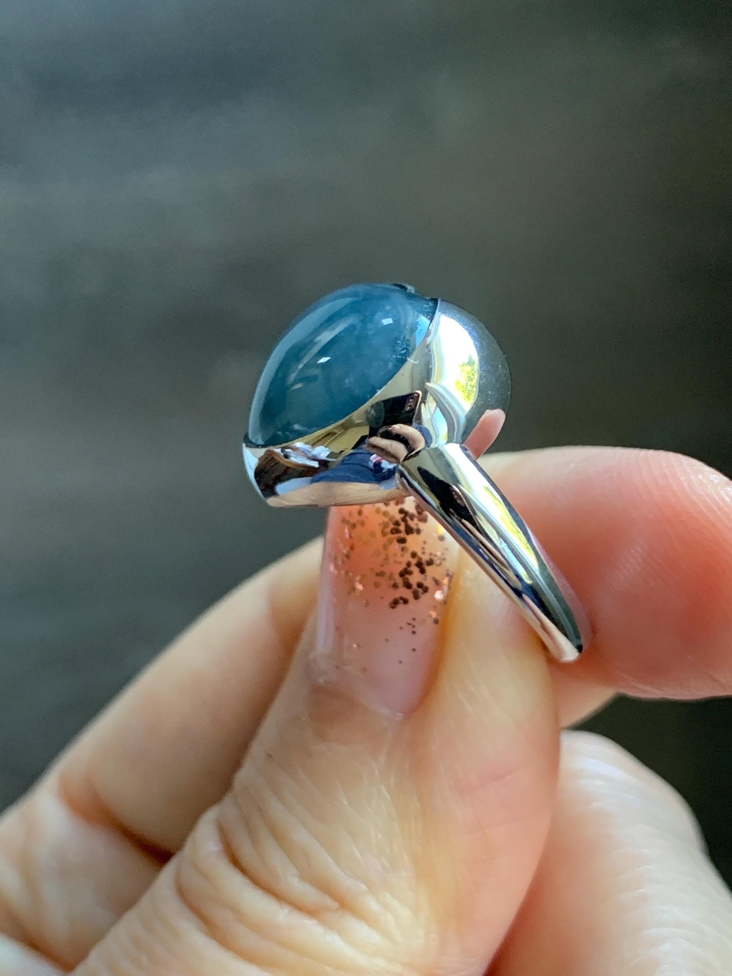 Certified Natural Grade A Guatemalan Icy Translucent Dark Grayish Blue Jade Jadeite Heart Ring Sterling Silver Size 7.25 天然冰危暗蓝翡翠爱心银镶戒指 179