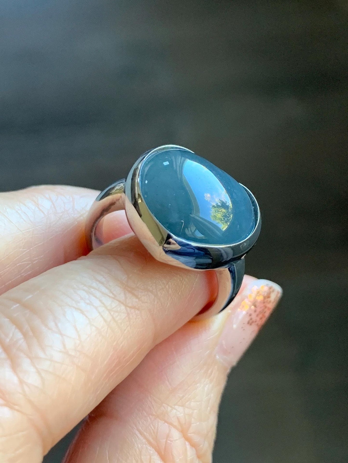 Certified Natural Grade A Guatemalan Icy Translucent Dark Grayish Blue Jade Jadeite Heart Ring Sterling Silver Size 7.25 天然冰危暗蓝翡翠爱心银镶戒指 179