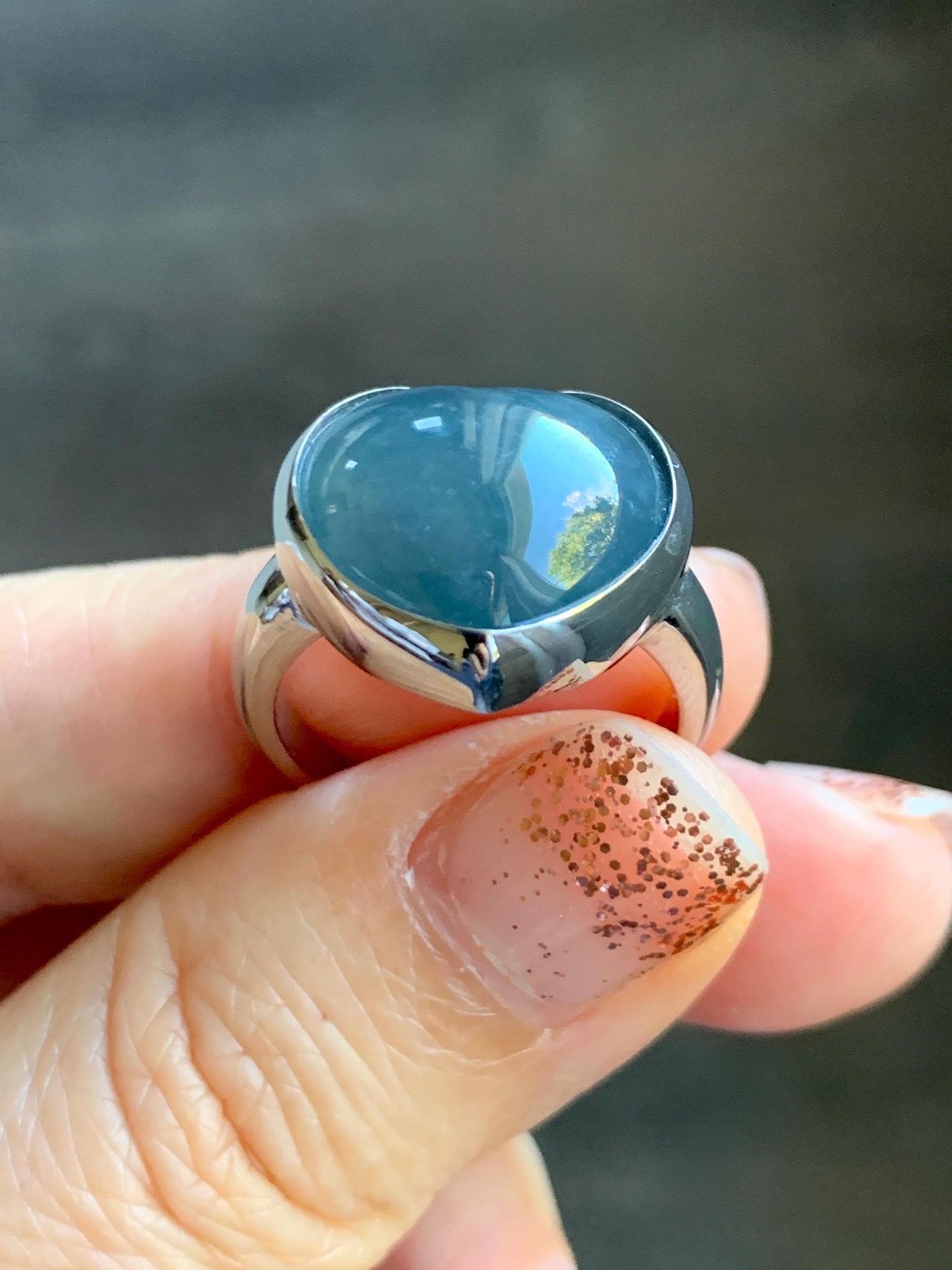 Certified Natural Grade A Guatemalan Icy Translucent Dark Grayish Blue Jade Jadeite Heart Ring Sterling Silver Size 7.25 天然冰危暗蓝翡翠爱心银镶戒指 179