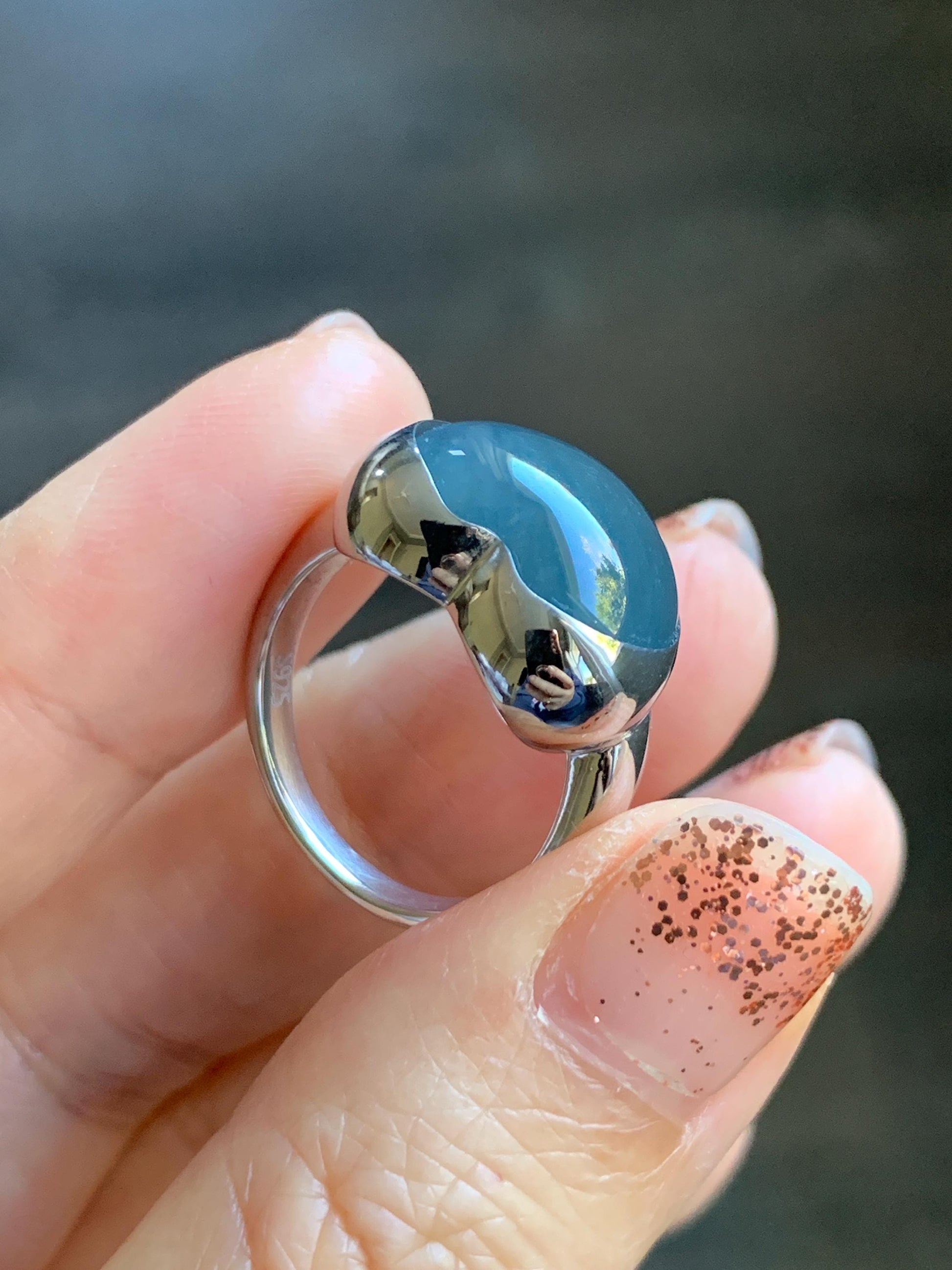 Certified Natural Grade A Guatemalan Icy Translucent Dark Grayish Blue Jade Jadeite Heart Ring Sterling Silver Size 7.25 天然冰危暗蓝翡翠爱心银镶戒指 179