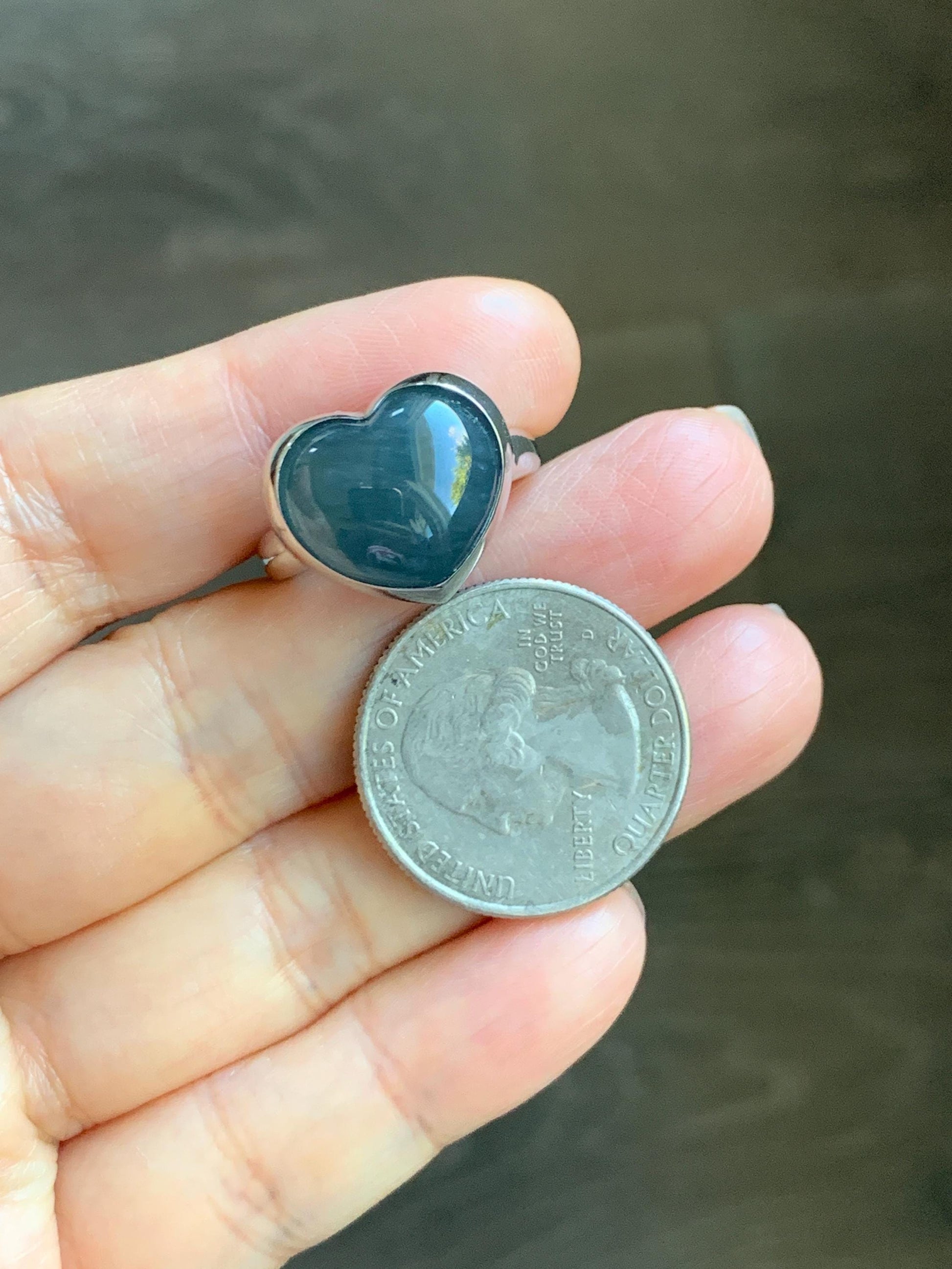 Certified Natural Grade A Guatemalan Icy Translucent Dark Grayish Blue Jade Jadeite Heart Ring Sterling Silver Size 7.25 天然冰危暗蓝翡翠爱心银镶戒指 179