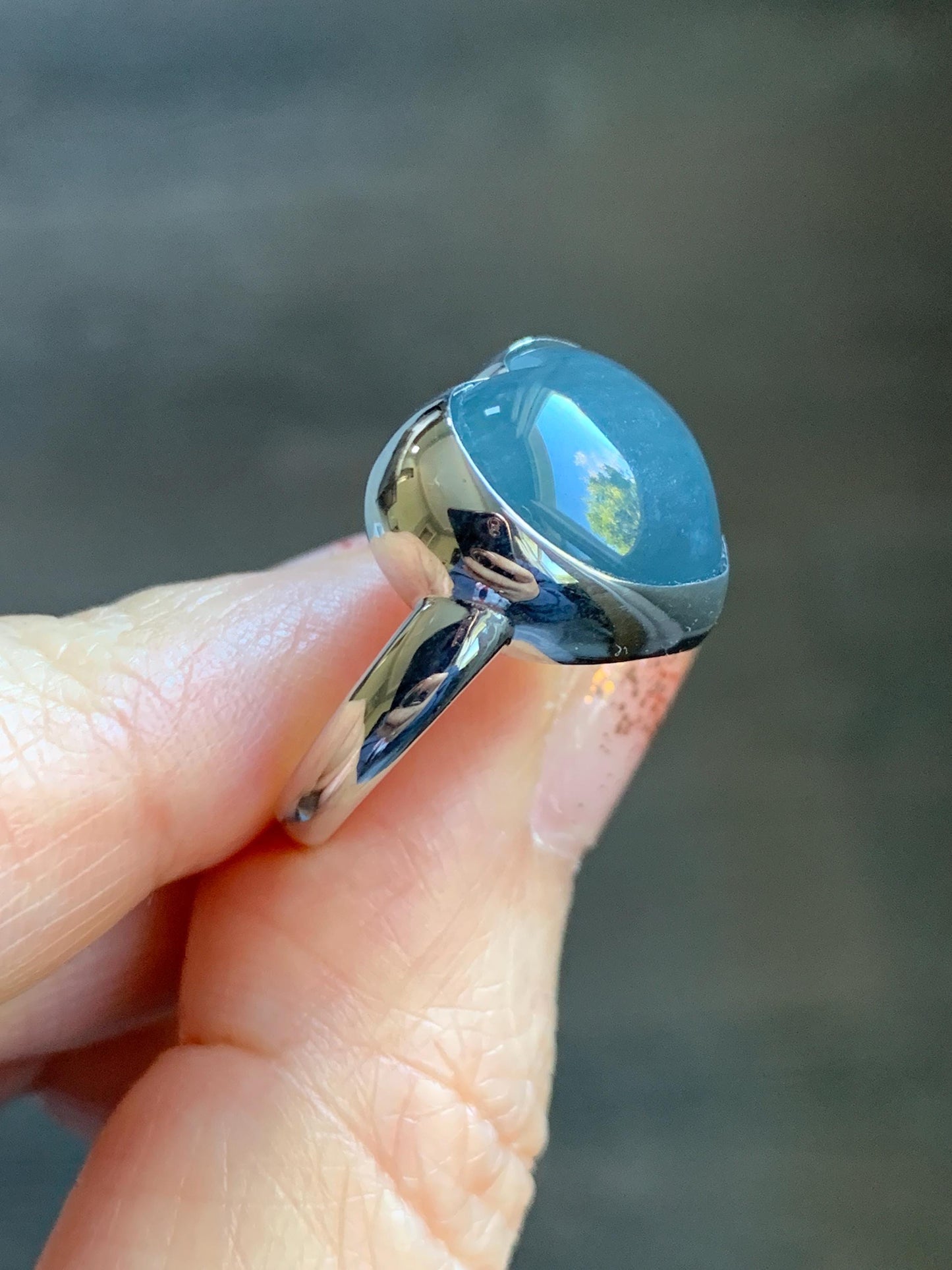 Certified Natural Grade A Guatemalan Icy Translucent Dark Grayish Blue Jade Jadeite Heart Ring Sterling Silver Size 7.25 天然冰危暗蓝翡翠爱心银镶戒指 179