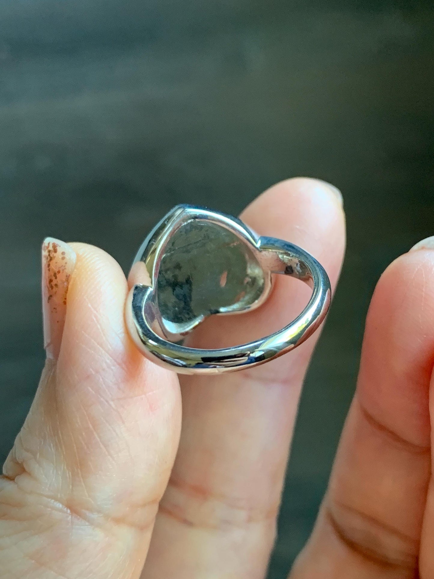 Certified Natural Grade A Guatemalan Icy Translucent Dark Grayish Blue Jade Jadeite Heart Ring Sterling Silver Size 7.25 天然冰危暗蓝翡翠爱心银镶戒指 179