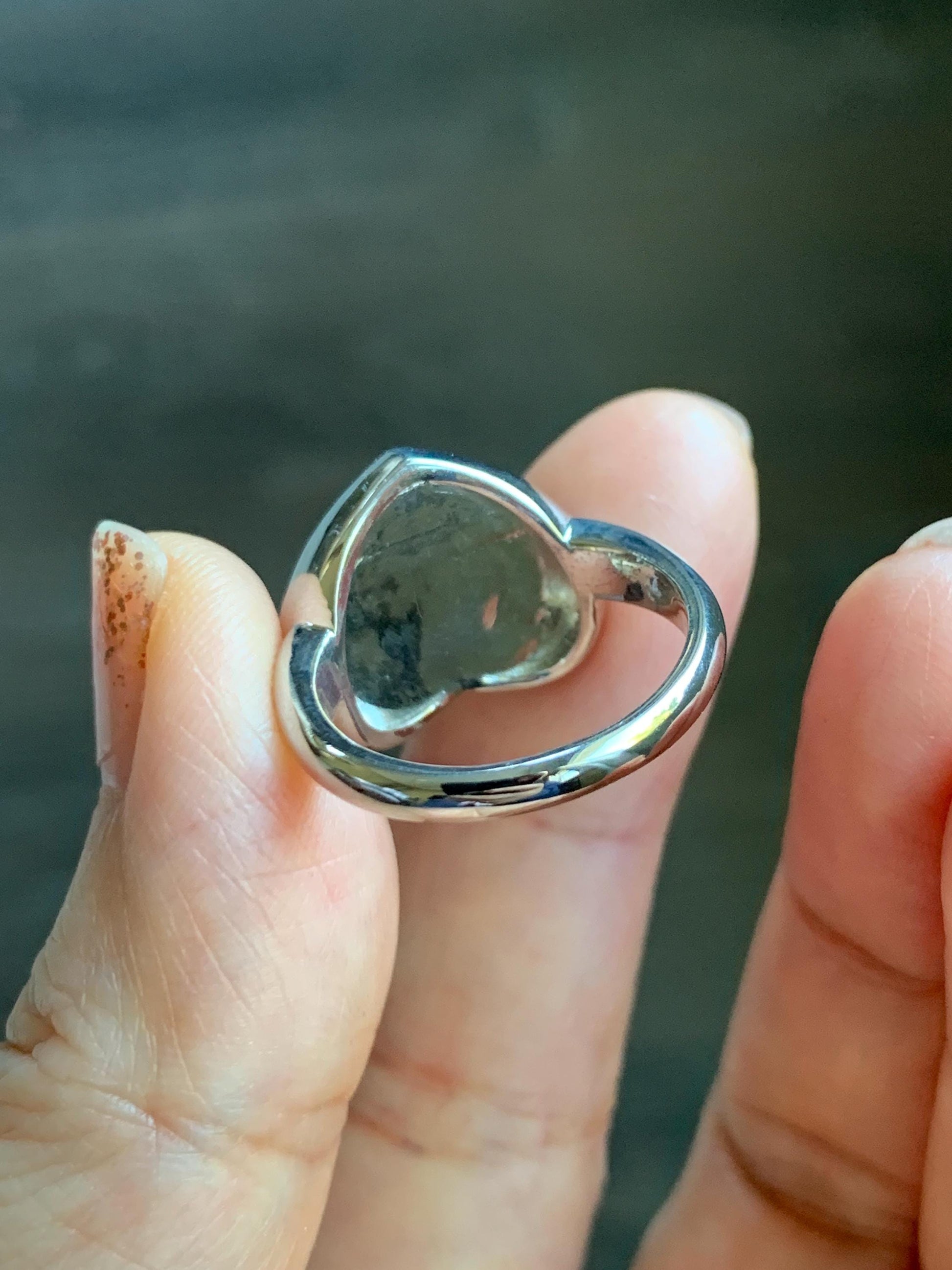 Certified Natural Grade A Guatemalan Icy Translucent Dark Grayish Blue Jade Jadeite Heart Ring Sterling Silver Size 7.25 天然冰危暗蓝翡翠爱心银镶戒指 179
