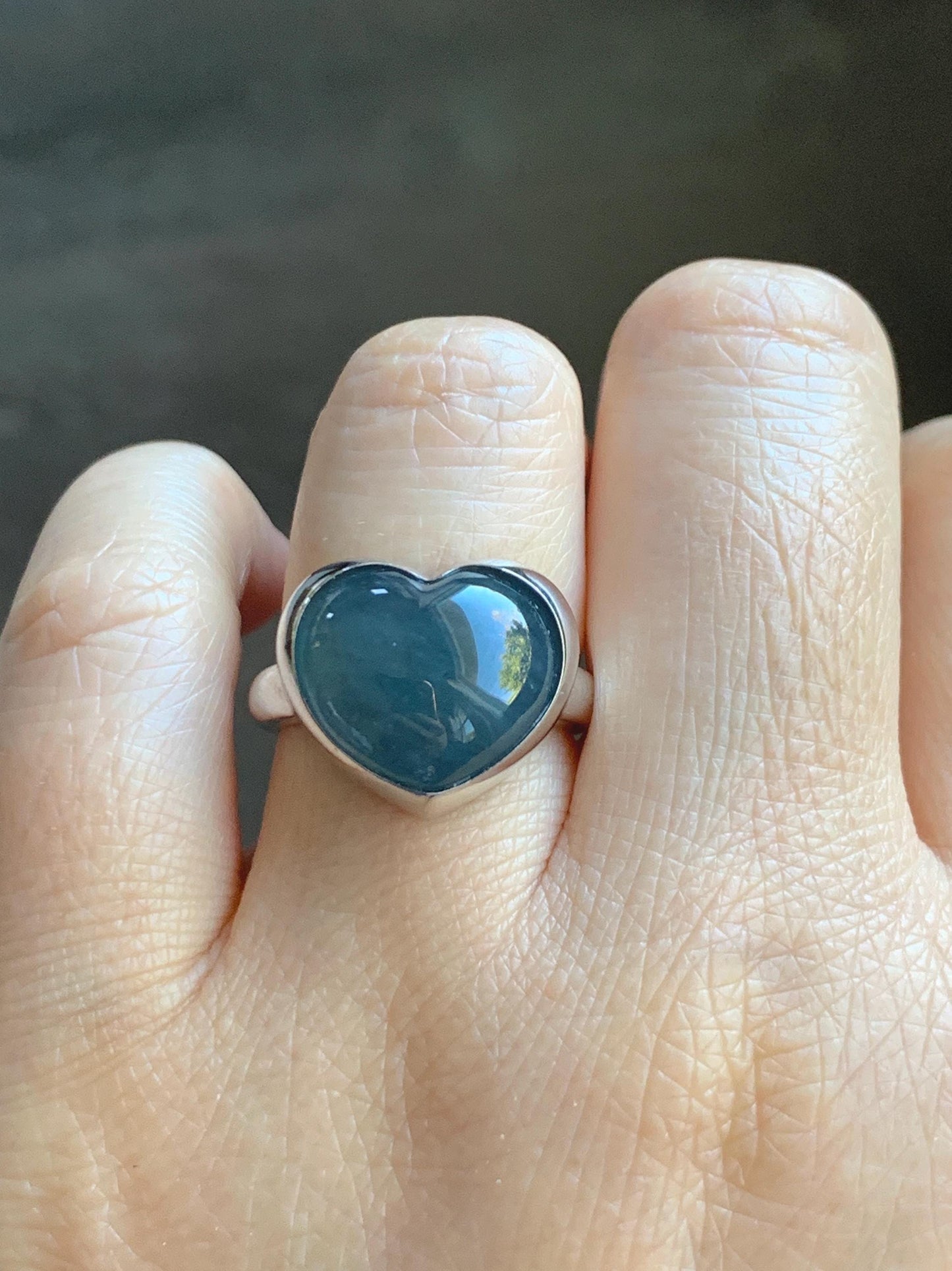 Certified Natural Grade A Guatemalan Icy Translucent Dark Grayish Blue Jade Jadeite Heart Ring Sterling Silver Size 7.25 天然冰危暗蓝翡翠爱心银镶戒指 179