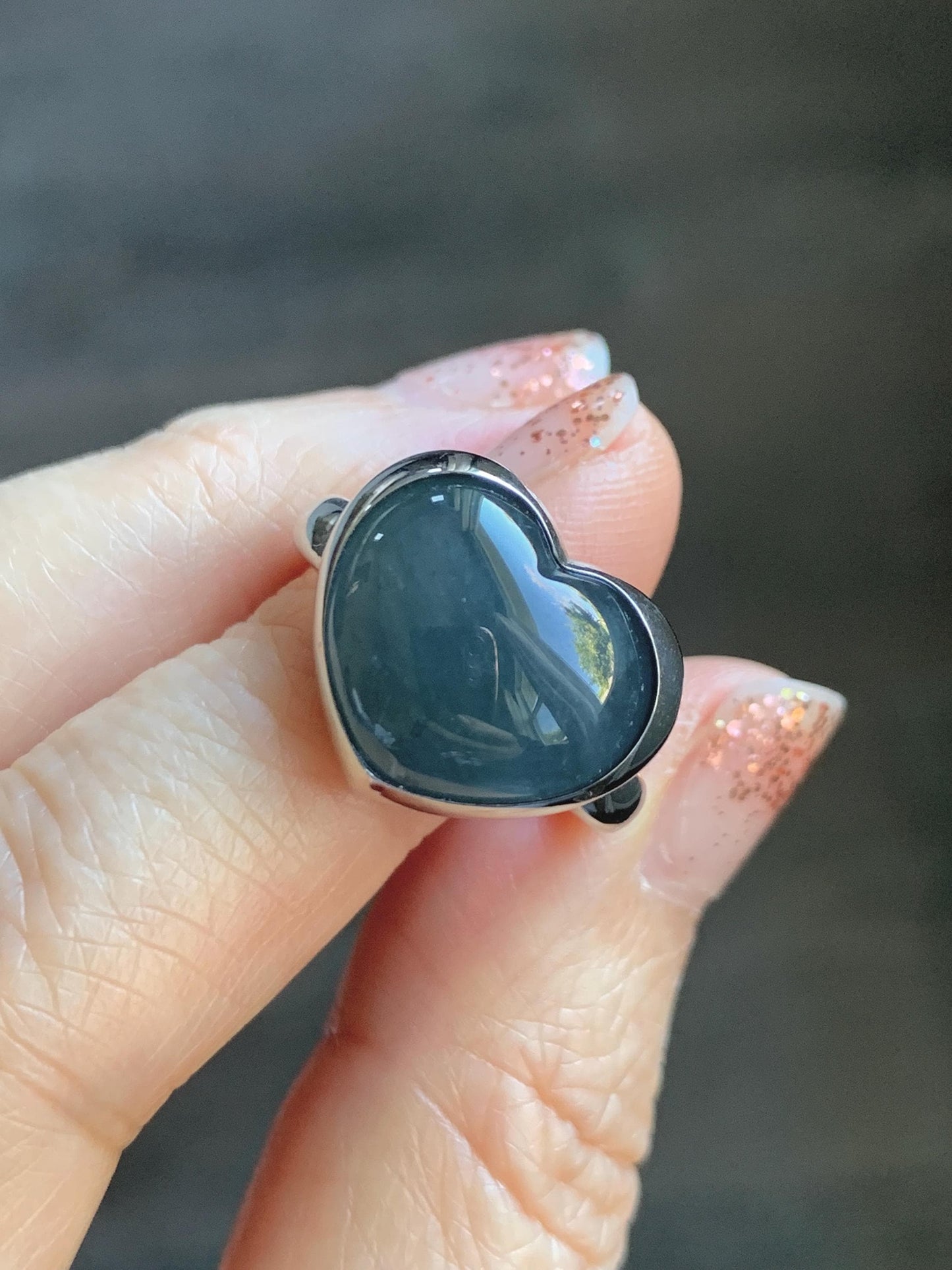 Certified Natural Grade A Guatemalan Icy Translucent Dark Grayish Blue Jade Jadeite Heart Ring Sterling Silver Size 7.25 天然冰危暗蓝翡翠爱心银镶戒指 179