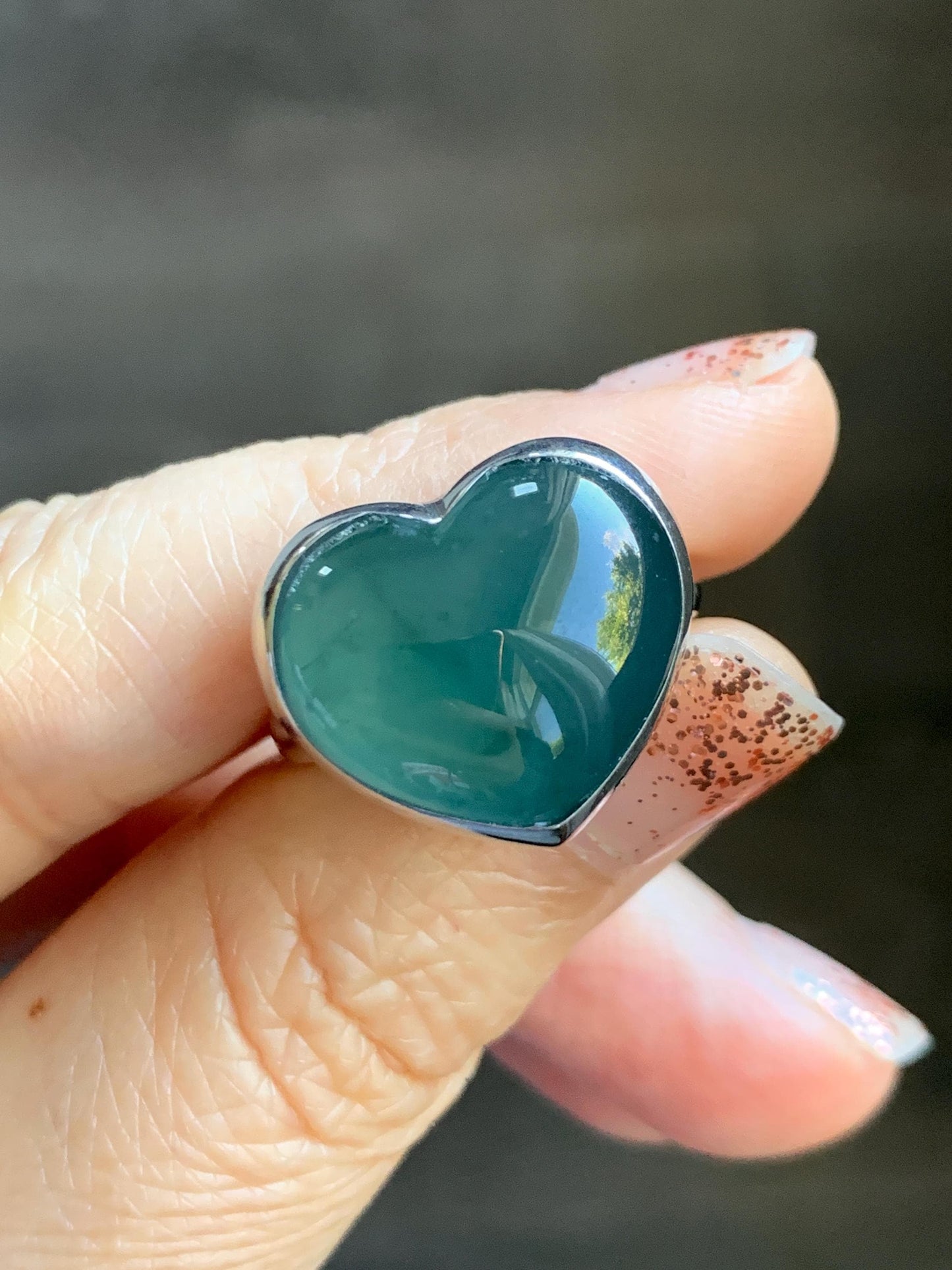 Certified Natural Grade A Guatemalan Icy Translucent Dark Teal Blue Jade Jadeite Heart Ring Sterling Silver Size 7.25 天然冰危蓝绿翡翠爱心银镶戒指 184