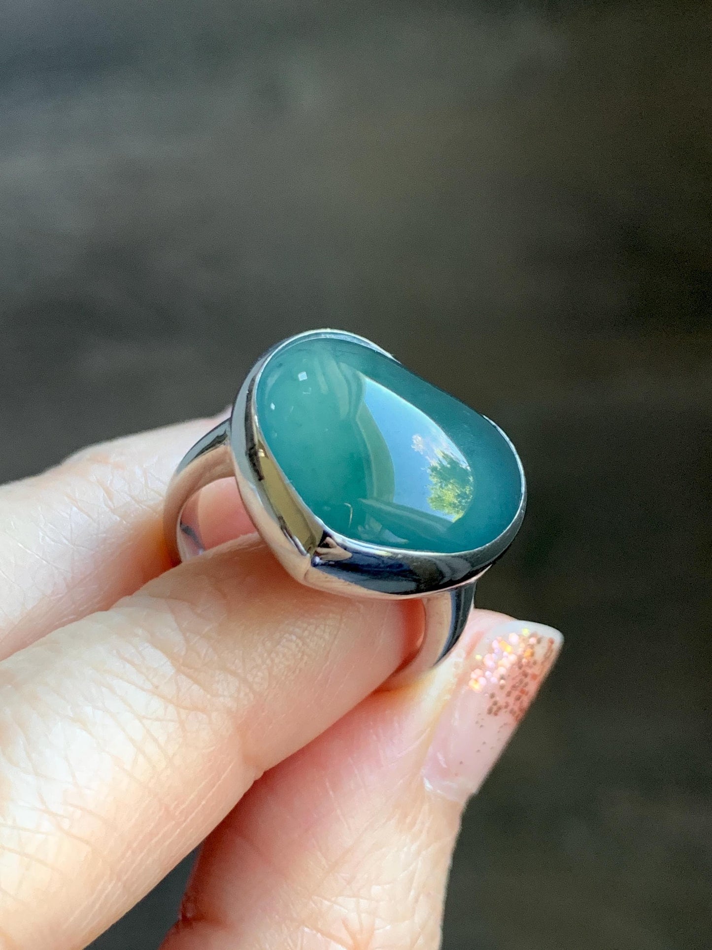 Certified Natural Grade A Guatemalan Icy Translucent Dark Teal Blue Jade Jadeite Heart Ring Sterling Silver Size 7.25 天然冰危蓝绿翡翠爱心银镶戒指 184