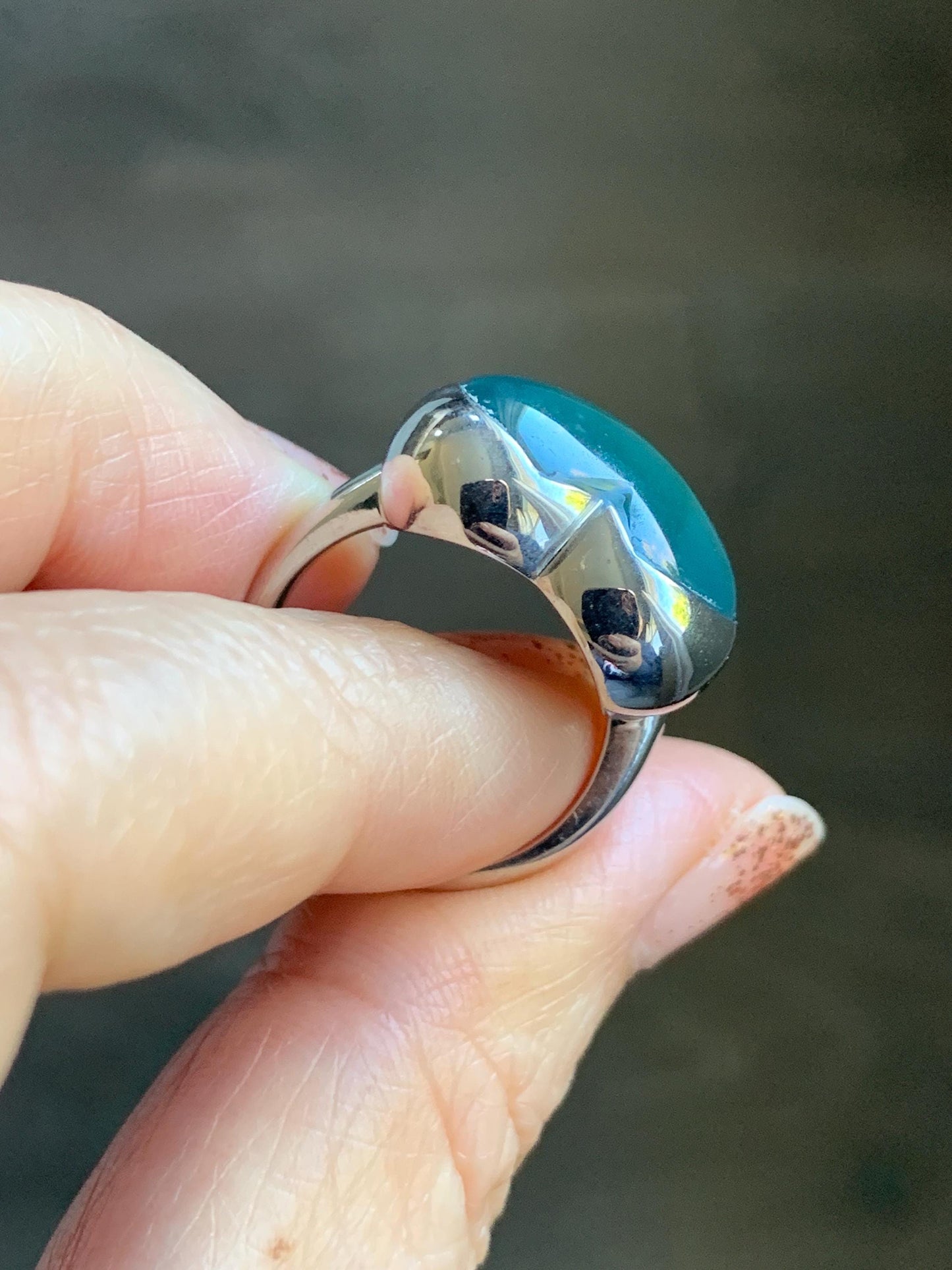 Certified Natural Grade A Guatemalan Icy Translucent Dark Teal Blue Jade Jadeite Heart Ring Sterling Silver Size 7.25 天然冰危蓝绿翡翠爱心银镶戒指 184