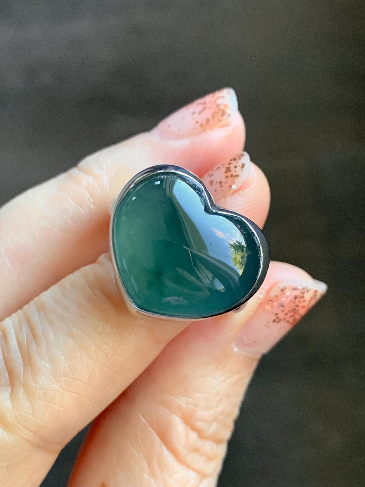 Certified Natural Grade A Guatemalan Icy Translucent Dark Teal Blue Jade Jadeite Heart Ring Sterling Silver Size 7.25 天然冰危蓝绿翡翠爱心银镶戒指 184