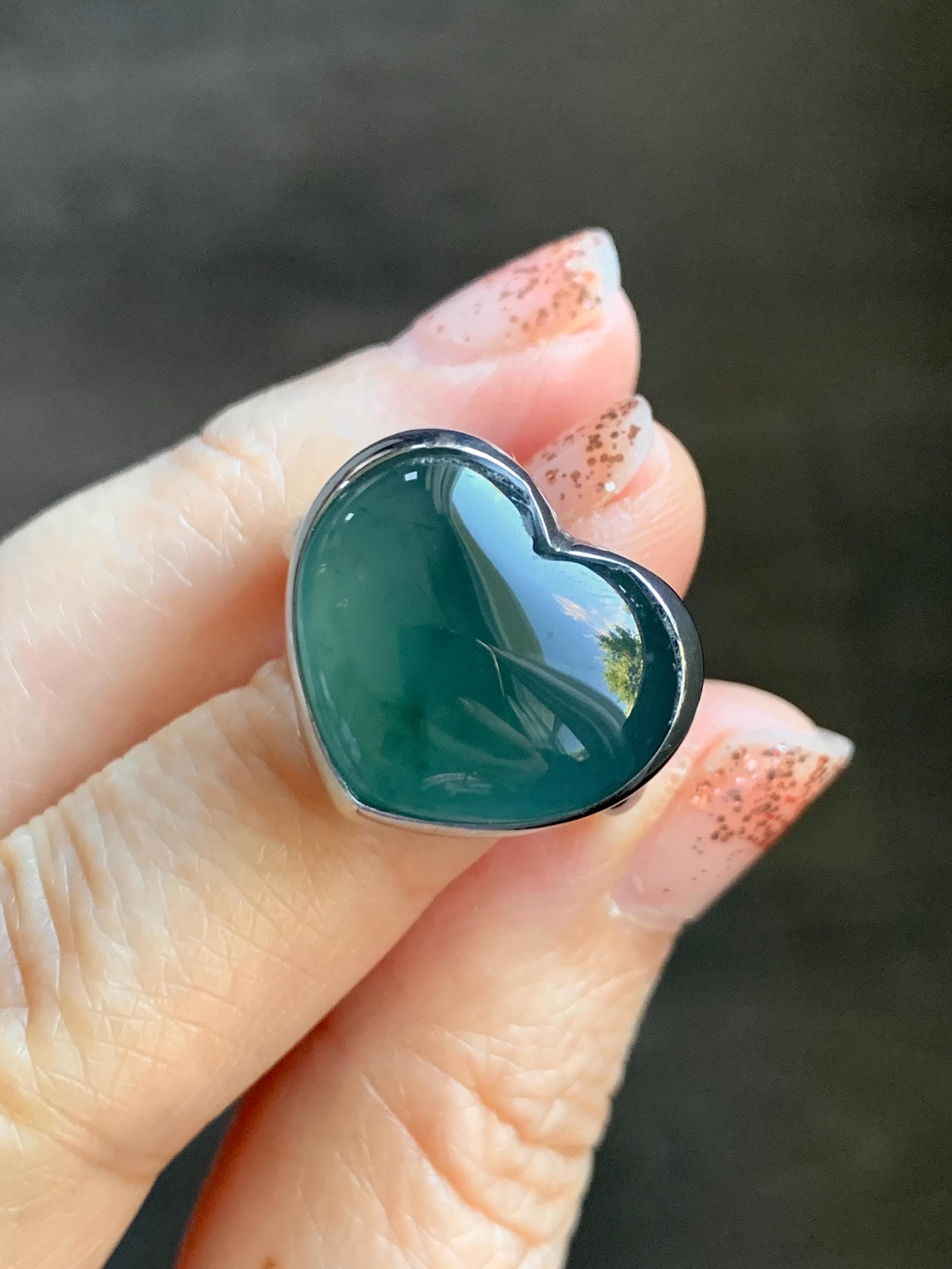 Certified Natural Grade A Guatemalan Icy Translucent Dark Teal Blue Jade Jadeite Heart Ring Sterling Silver Size 7.25 天然冰危蓝绿翡翠爱心银镶戒指 184