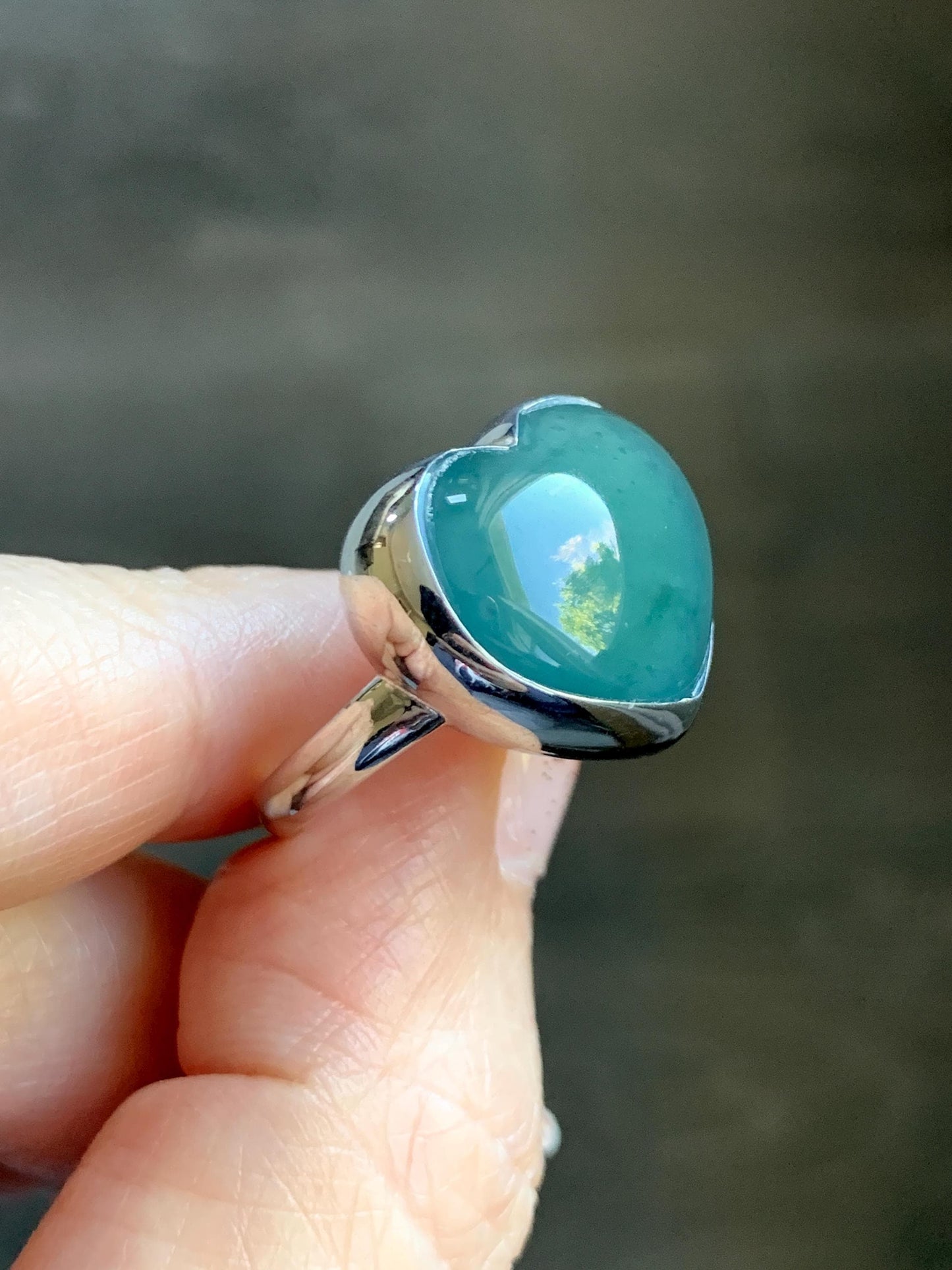 Certified Natural Grade A Guatemalan Icy Translucent Dark Teal Blue Jade Jadeite Heart Ring Sterling Silver Size 7.25 天然冰危蓝绿翡翠爱心银镶戒指 184