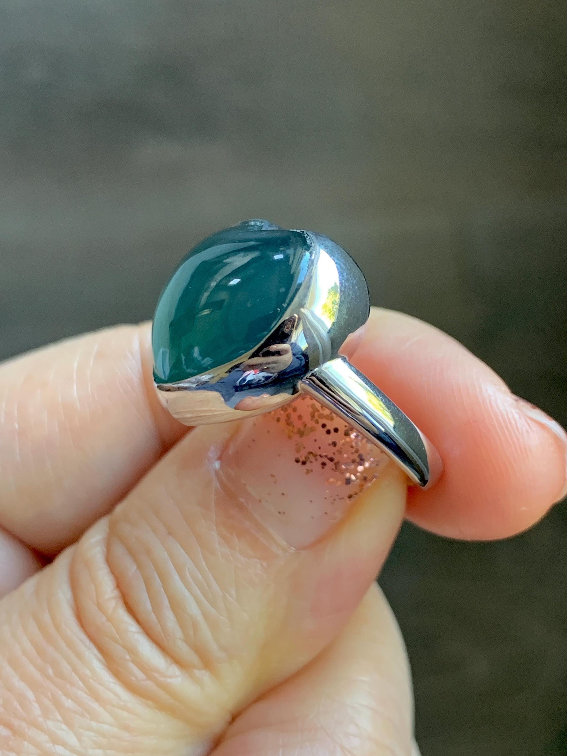 Certified Natural Grade A Guatemalan Icy Translucent Dark Teal Blue Jade Jadeite Heart Ring Sterling Silver Size 7.25 天然冰危蓝绿翡翠爱心银镶戒指 184