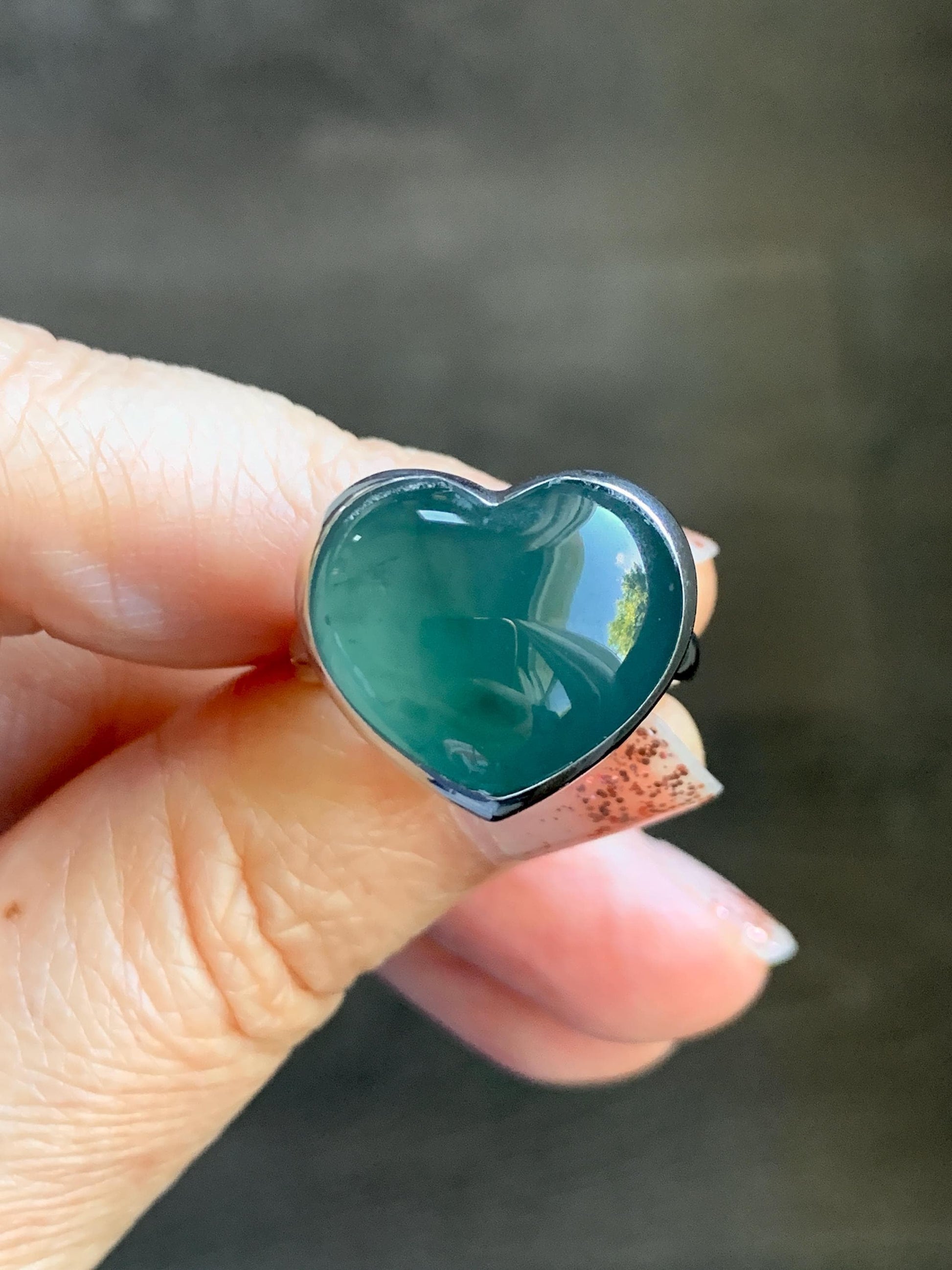Certified Natural Grade A Guatemalan Icy Translucent Dark Teal Blue Jade Jadeite Heart Ring Sterling Silver Size 7.25 天然冰危蓝绿翡翠爱心银镶戒指 184