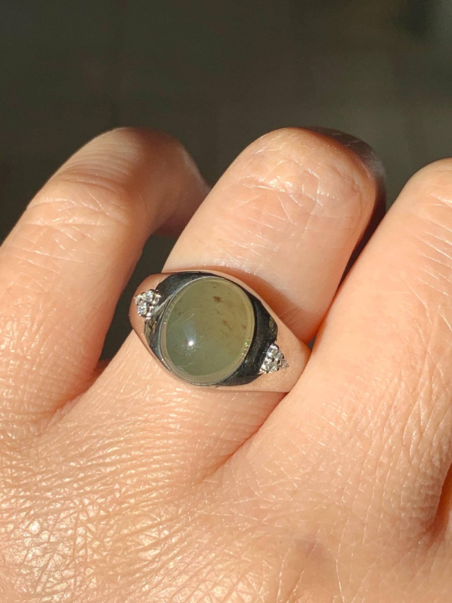Certified Natural Grade A Icy Translucent Dusty Tea Yellow Jade Jadeite Oval Ring Sterling Silver Size 7 US 7.76g 天然冰茶黄撒金翡翠银镶戒指 183