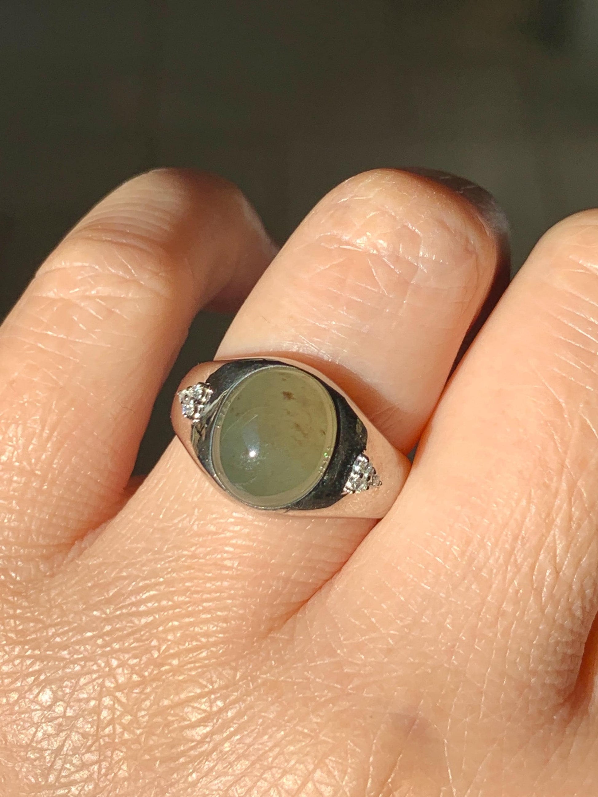 Certified Natural Grade A Icy Translucent Dusty Tea Yellow Jade Jadeite Oval Ring Sterling Silver Size 7 US 7.76g 天然冰茶黄撒金翡翠银镶戒指 183