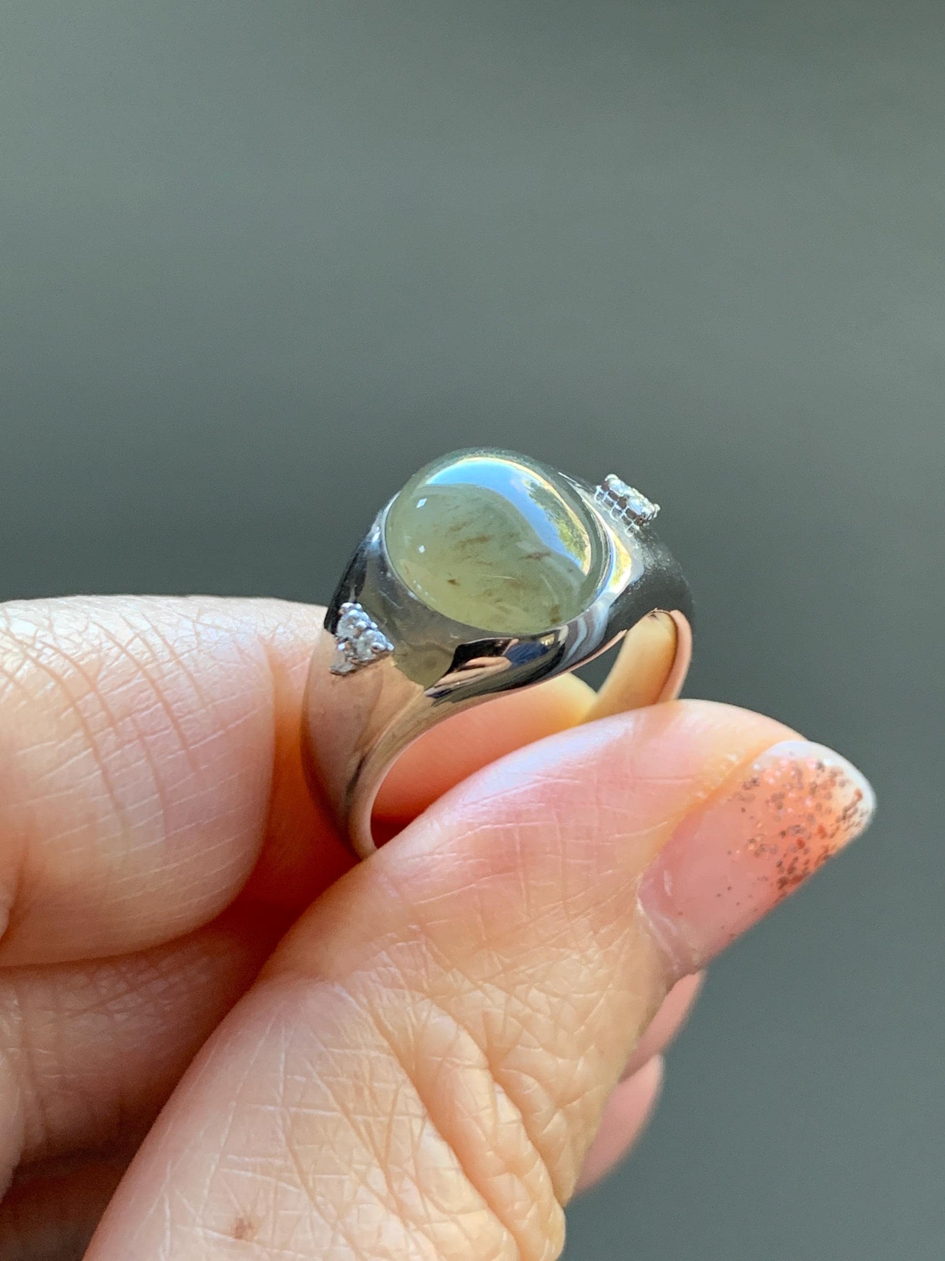 Certified Natural Grade A Icy Translucent Dusty Tea Yellow Jade Jadeite Oval Ring Sterling Silver Size 7 US 7.76g 天然冰茶黄撒金翡翠银镶戒指 183
