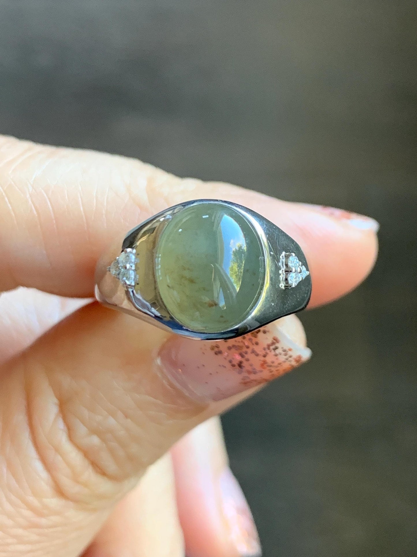 Certified Natural Grade A Icy Translucent Dusty Tea Yellow Jade Jadeite Oval Ring Sterling Silver Size 7 US 7.76g 天然冰茶黄撒金翡翠银镶戒指 183