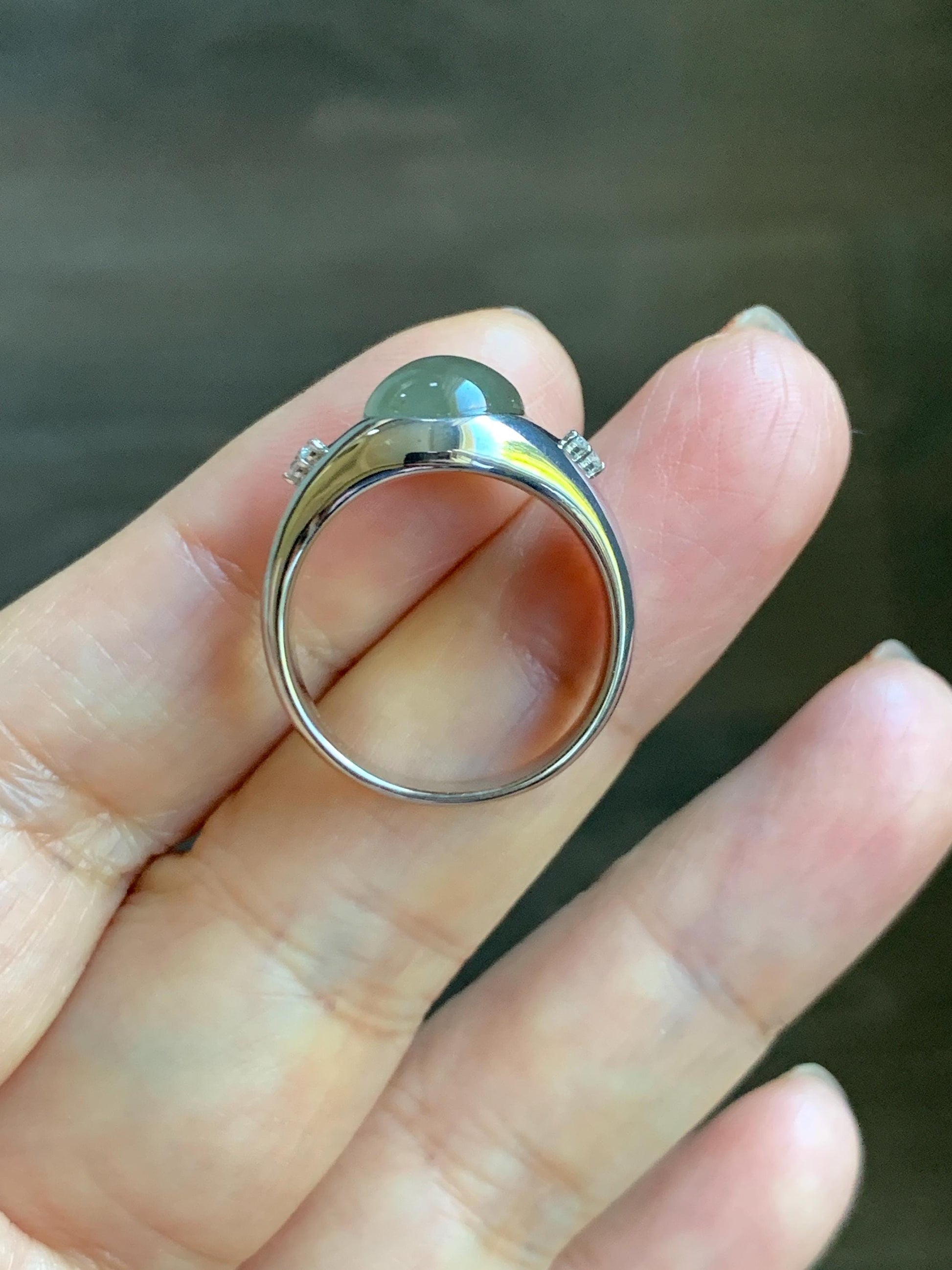 Certified Natural Grade A Icy Translucent Dusty Tea Yellow Jade Jadeite Oval Ring Sterling Silver Size 7 US 7.76g 天然冰茶黄撒金翡翠银镶戒指 183