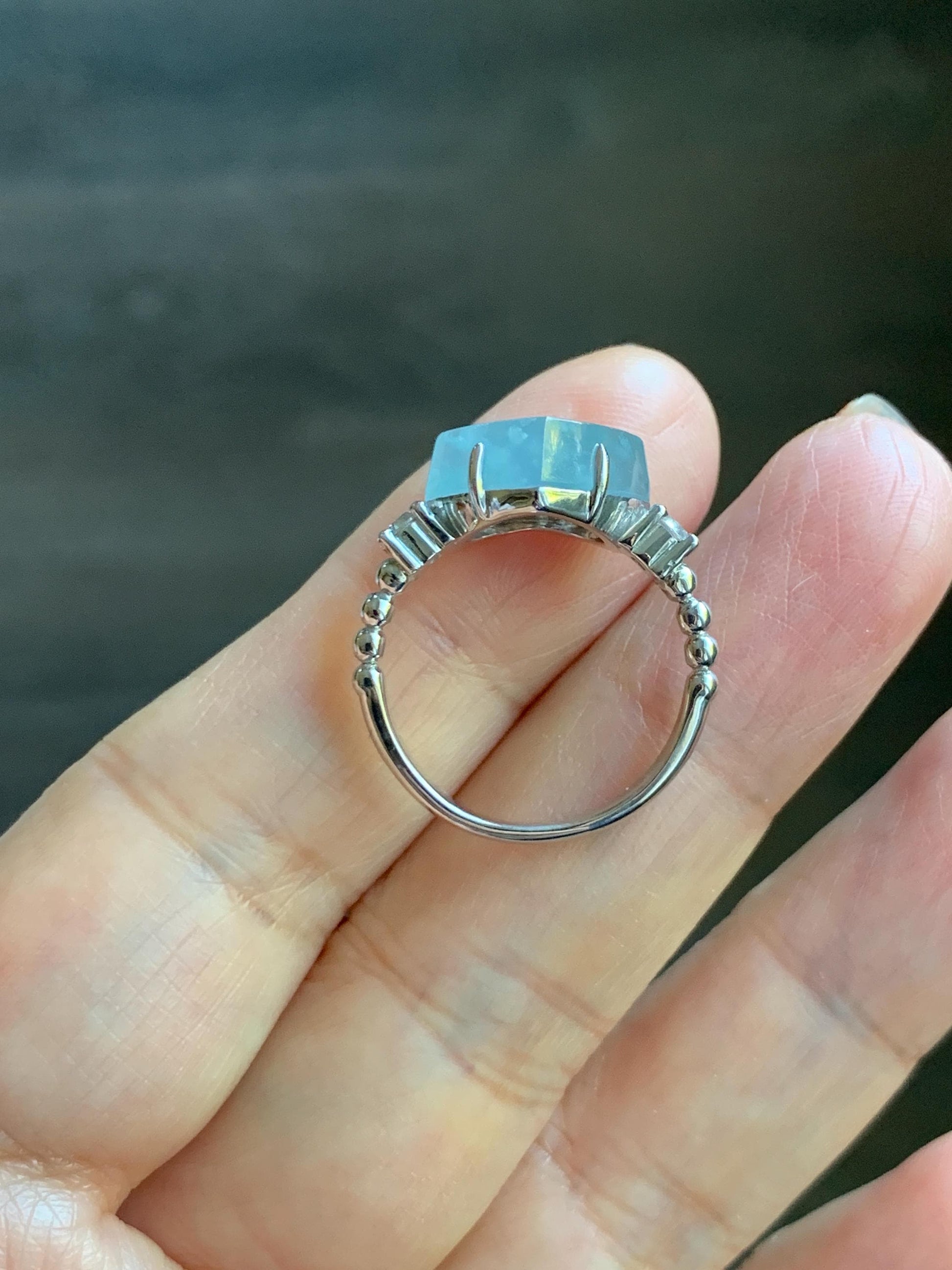 Certified Natural Grade A Guatemalan Icy Translucent Pastel Teal Blue Jade Jadeite Heart Ring Sterling Silver Size 7.25 天然冰危浅蓝翡翠爱心银镶戒指 188
