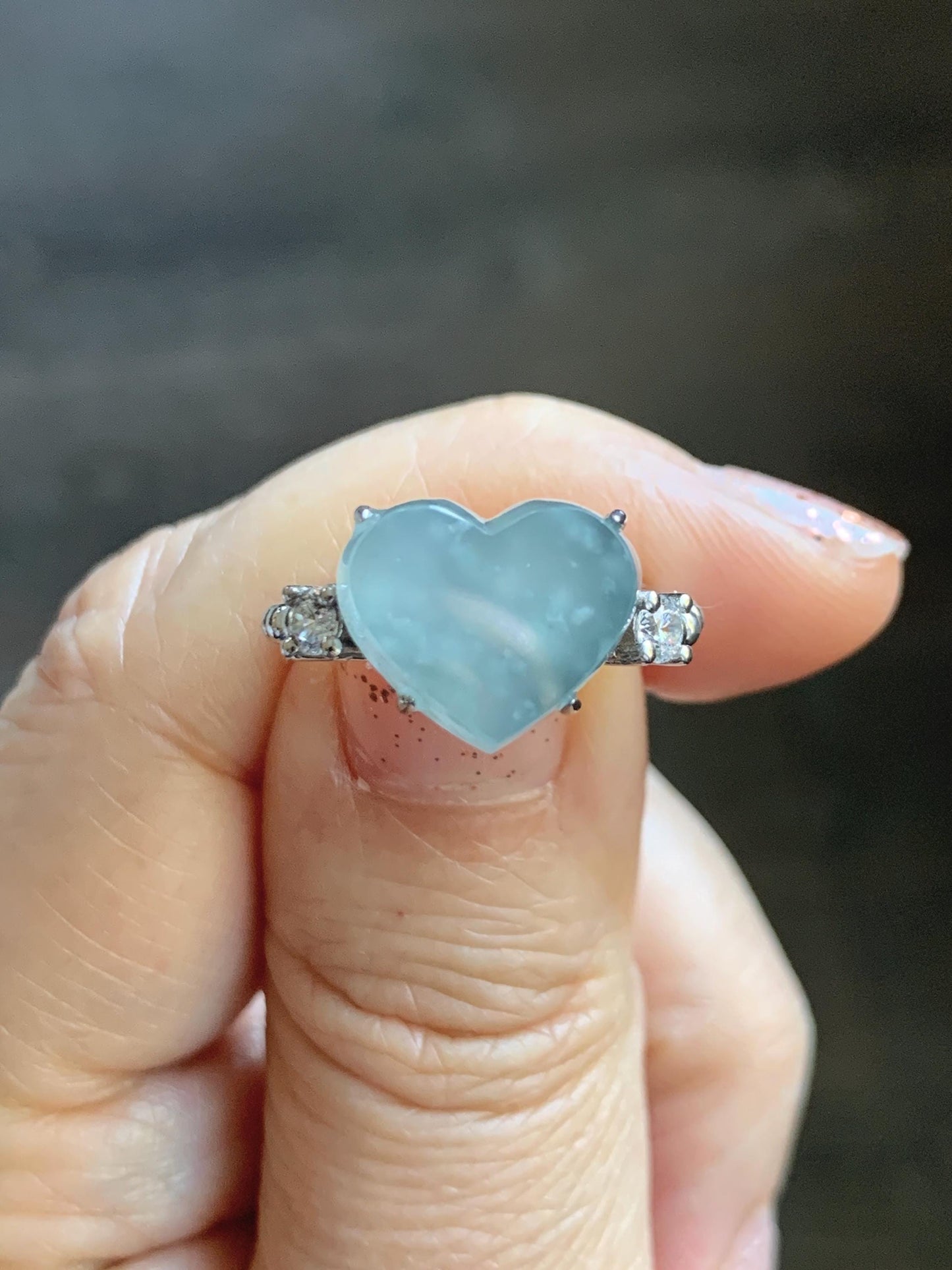 Certified Natural Grade A Guatemalan Icy Translucent Pastel Teal Blue Jade Jadeite Heart Ring Sterling Silver Size 7.25 天然冰危浅蓝翡翠爱心银镶戒指 188