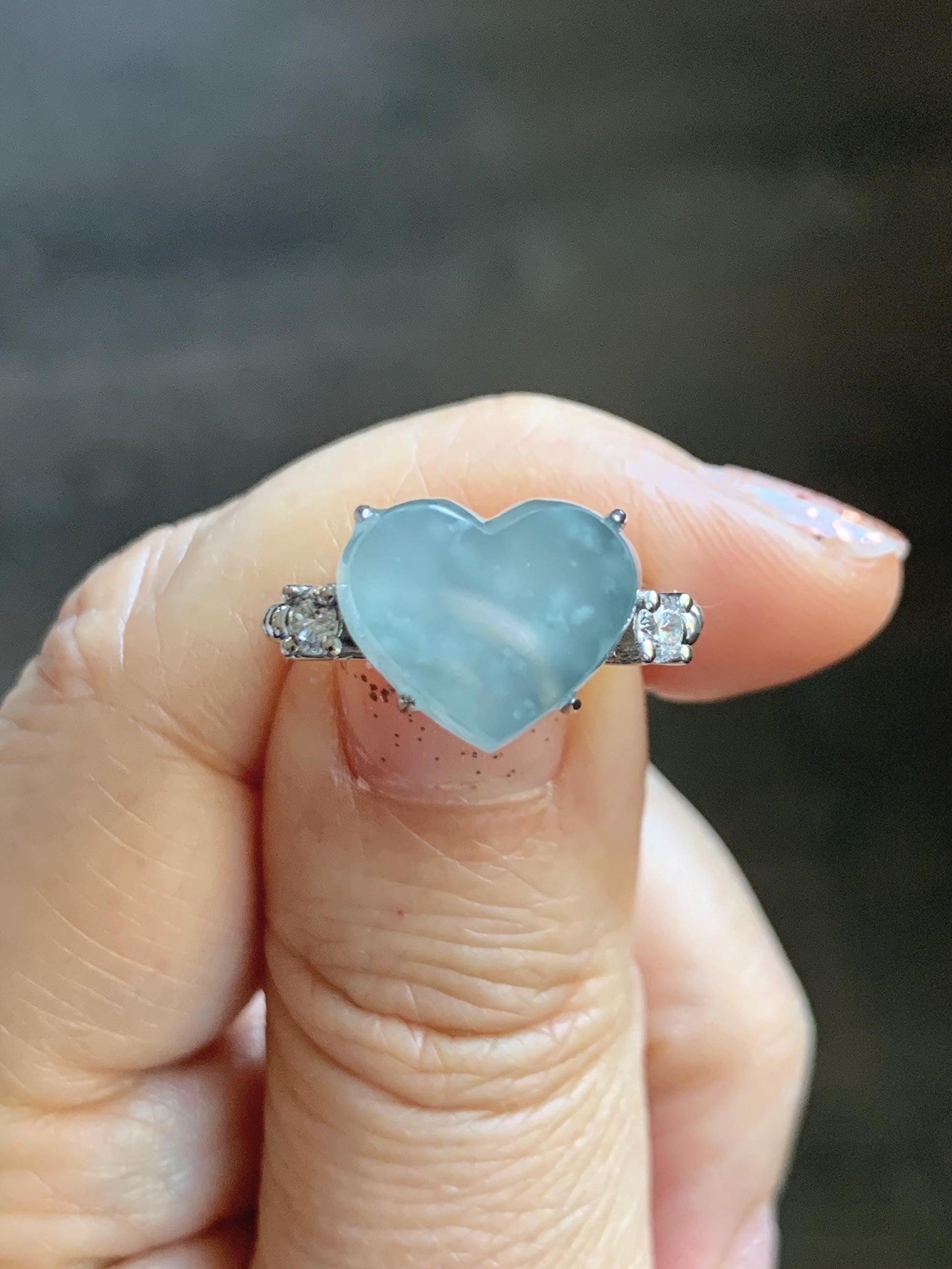 Certified Natural Grade A Guatemalan Icy Translucent Pastel Teal Blue Jade Jadeite Heart Ring Sterling Silver Size 7.25 天然冰危浅蓝翡翠爱心银镶戒指 188