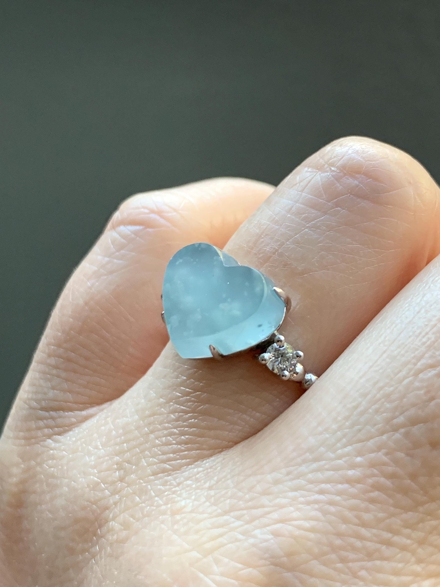 Certified Natural Grade A Guatemalan Icy Translucent Pastel Teal Blue Jade Jadeite Heart Ring Sterling Silver Size 7.25 天然冰危浅蓝翡翠爱心银镶戒指 188