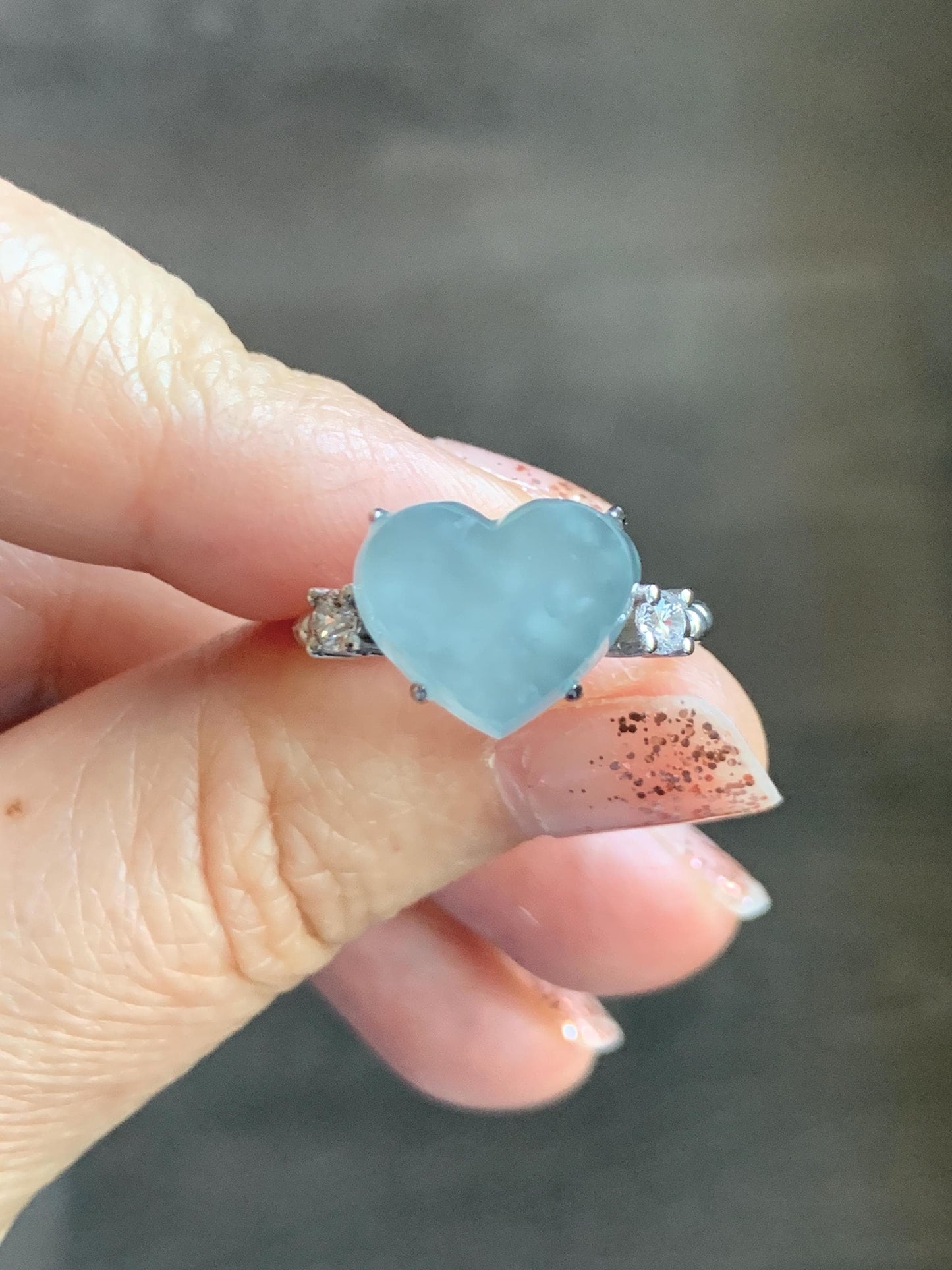 Certified Natural Grade A Guatemalan Icy Translucent Pastel Teal Blue Jade Jadeite Heart Ring Sterling Silver Size 7.25 天然冰危浅蓝翡翠爱心银镶戒指 188