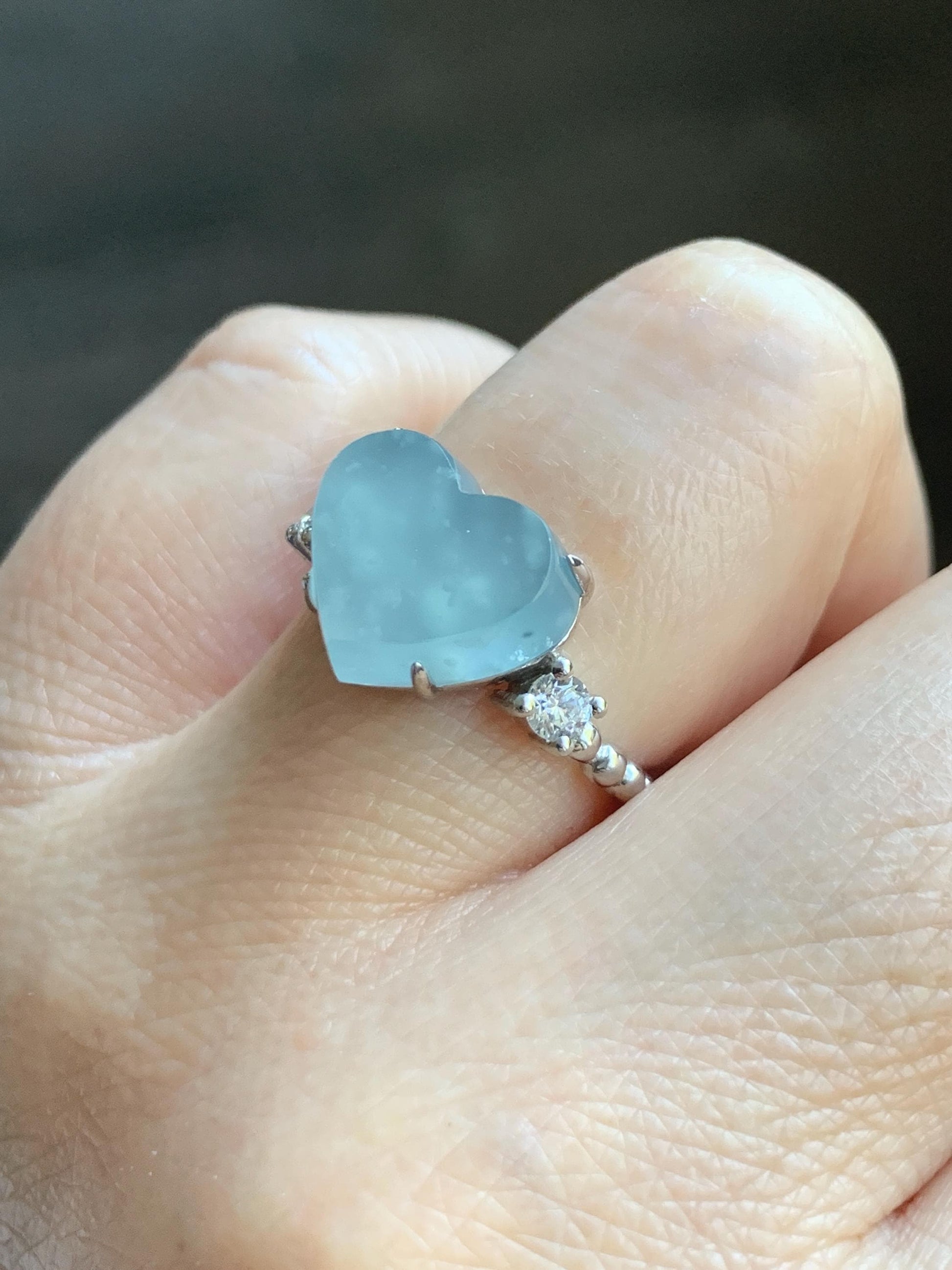 Certified Natural Grade A Guatemalan Icy Translucent Pastel Teal Blue Jade Jadeite Heart Ring Sterling Silver Size 7.25 天然冰危浅蓝翡翠爱心银镶戒指 188
