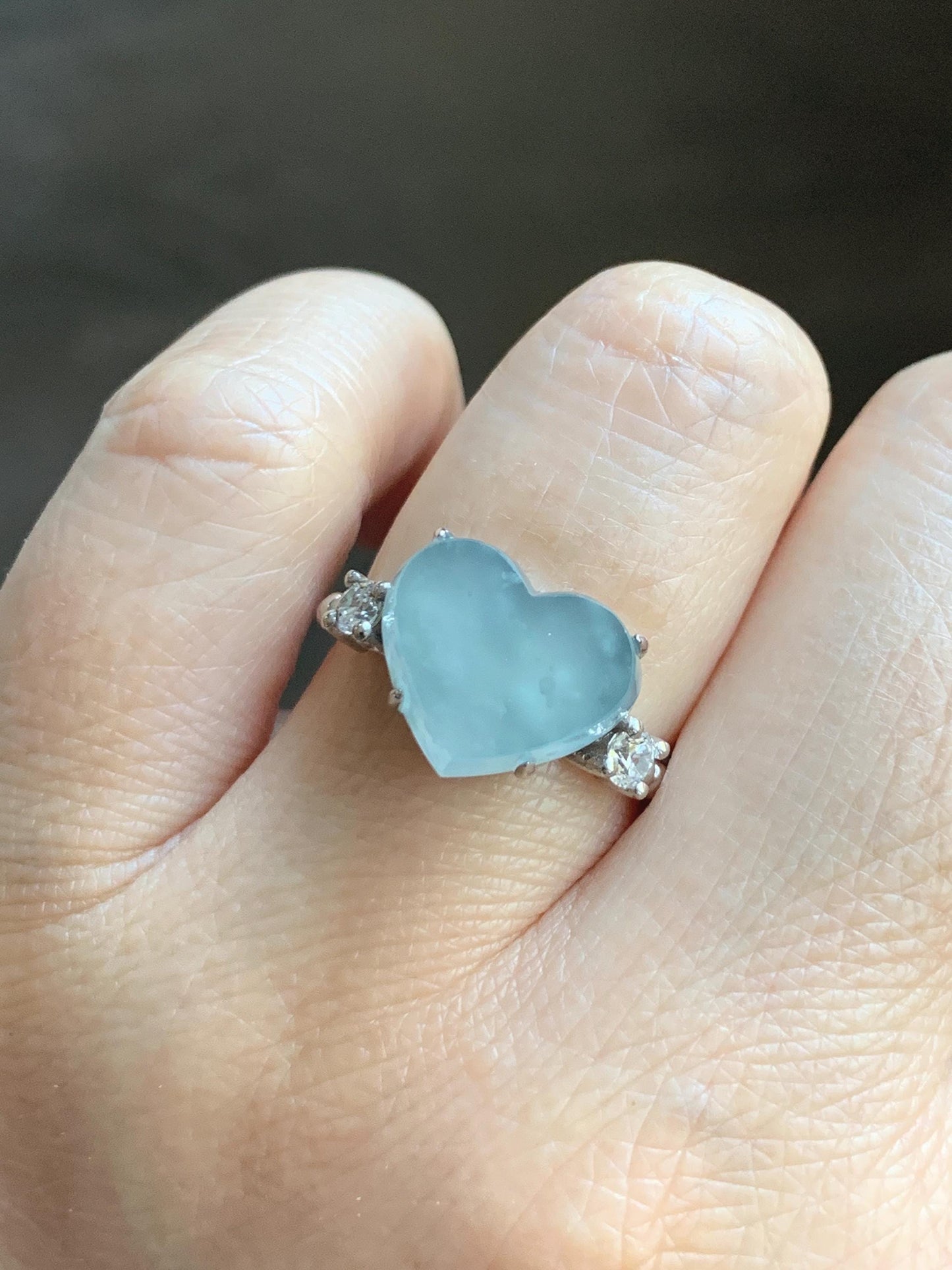 Certified Natural Grade A Guatemalan Icy Translucent Pastel Teal Blue Jade Jadeite Heart Ring Sterling Silver Size 7.25 天然冰危浅蓝翡翠爱心银镶戒指 188
