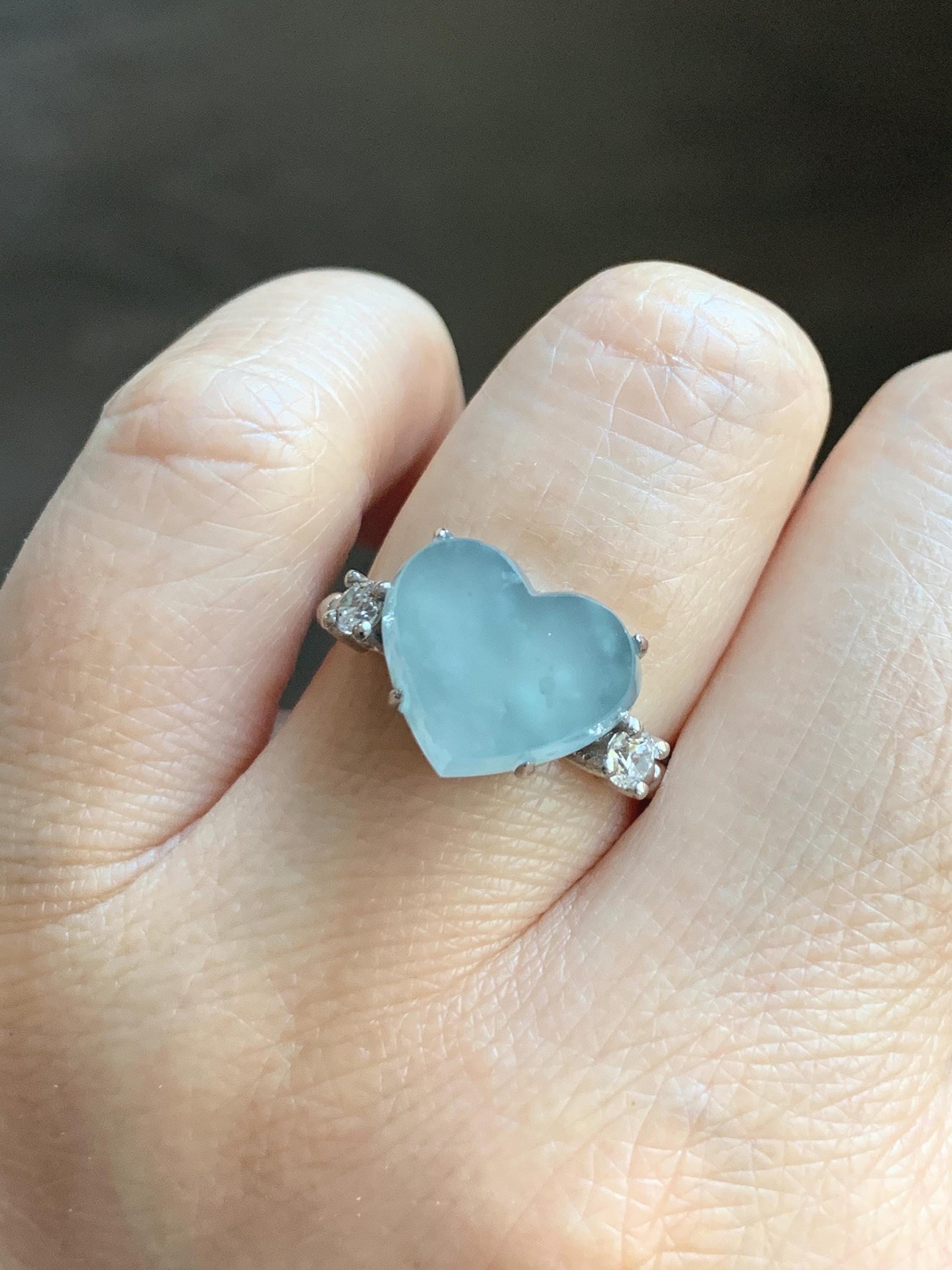 Certified Natural Grade A Guatemalan Icy Translucent Pastel Teal Blue Jade Jadeite Heart Ring Sterling Silver Size 7.25 天然冰危浅蓝翡翠爱心银镶戒指 188