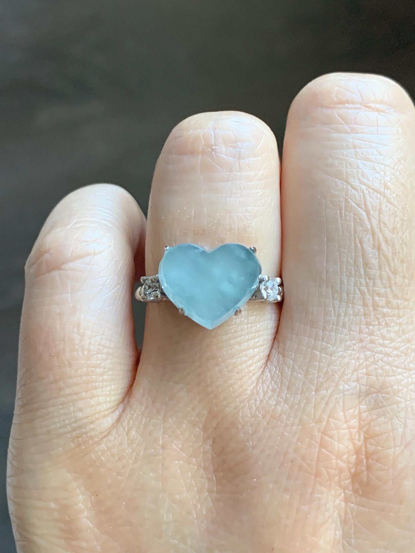 Certified Natural Grade A Guatemalan Icy Translucent Pastel Teal Blue Jade Jadeite Heart Ring Sterling Silver Size 7.25 天然冰危浅蓝翡翠爱心银镶戒指 188