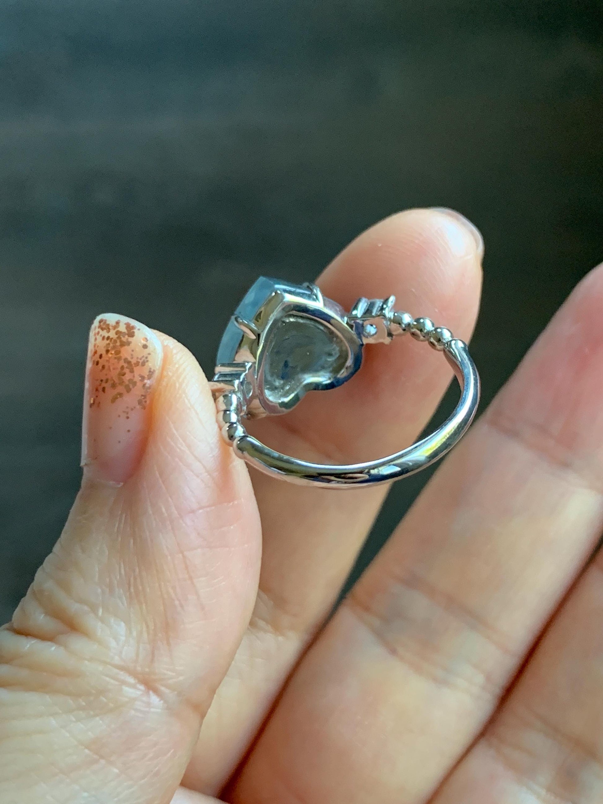 Certified Natural Grade A Guatemalan Icy Translucent Pastel Teal Blue Jade Jadeite Heart Ring Sterling Silver Size 7.25 天然冰危浅蓝翡翠爱心银镶戒指 188