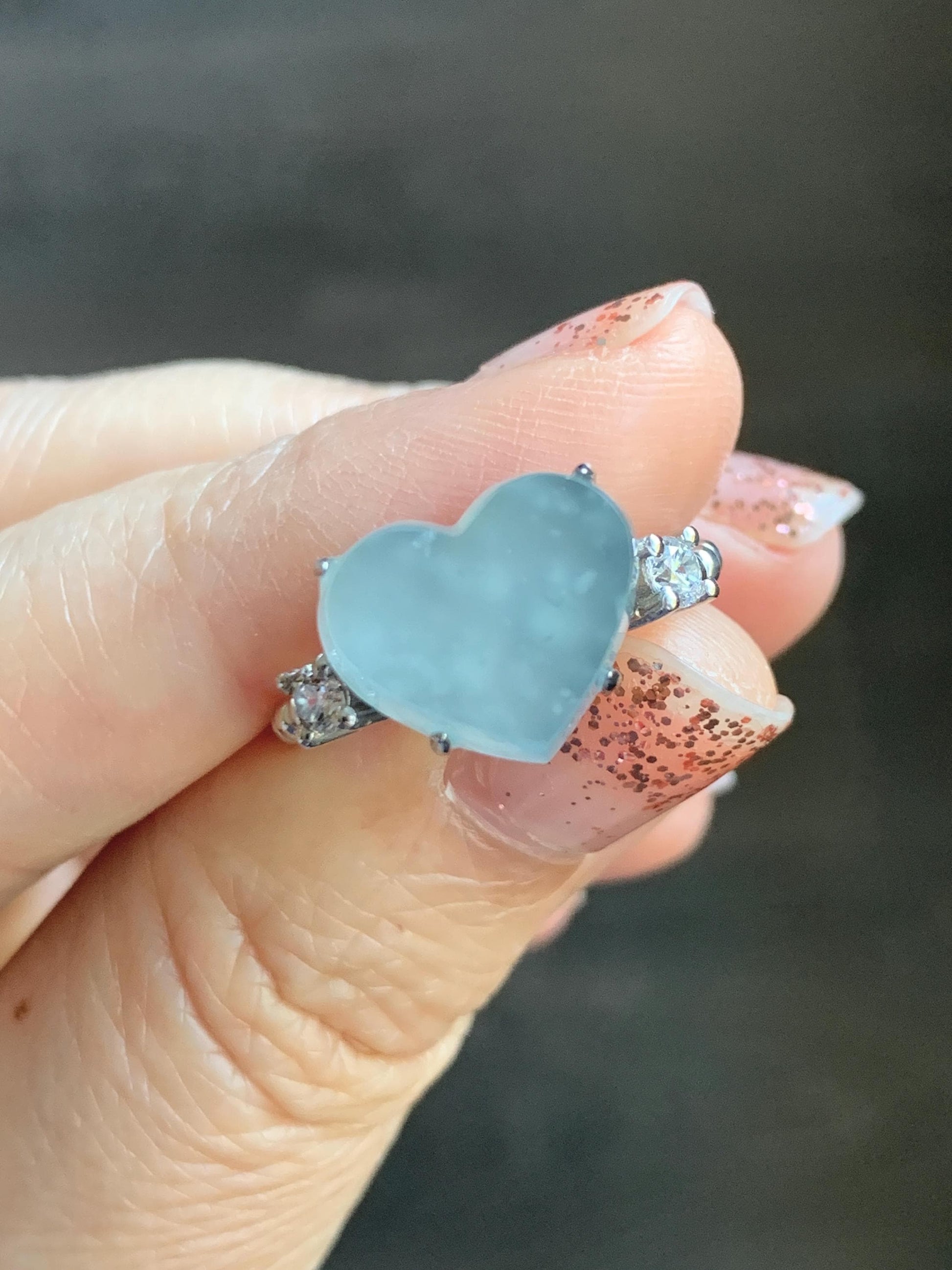 Certified Natural Grade A Guatemalan Icy Translucent Pastel Teal Blue Jade Jadeite Heart Ring Sterling Silver Size 7.25 天然冰危浅蓝翡翠爱心银镶戒指 188