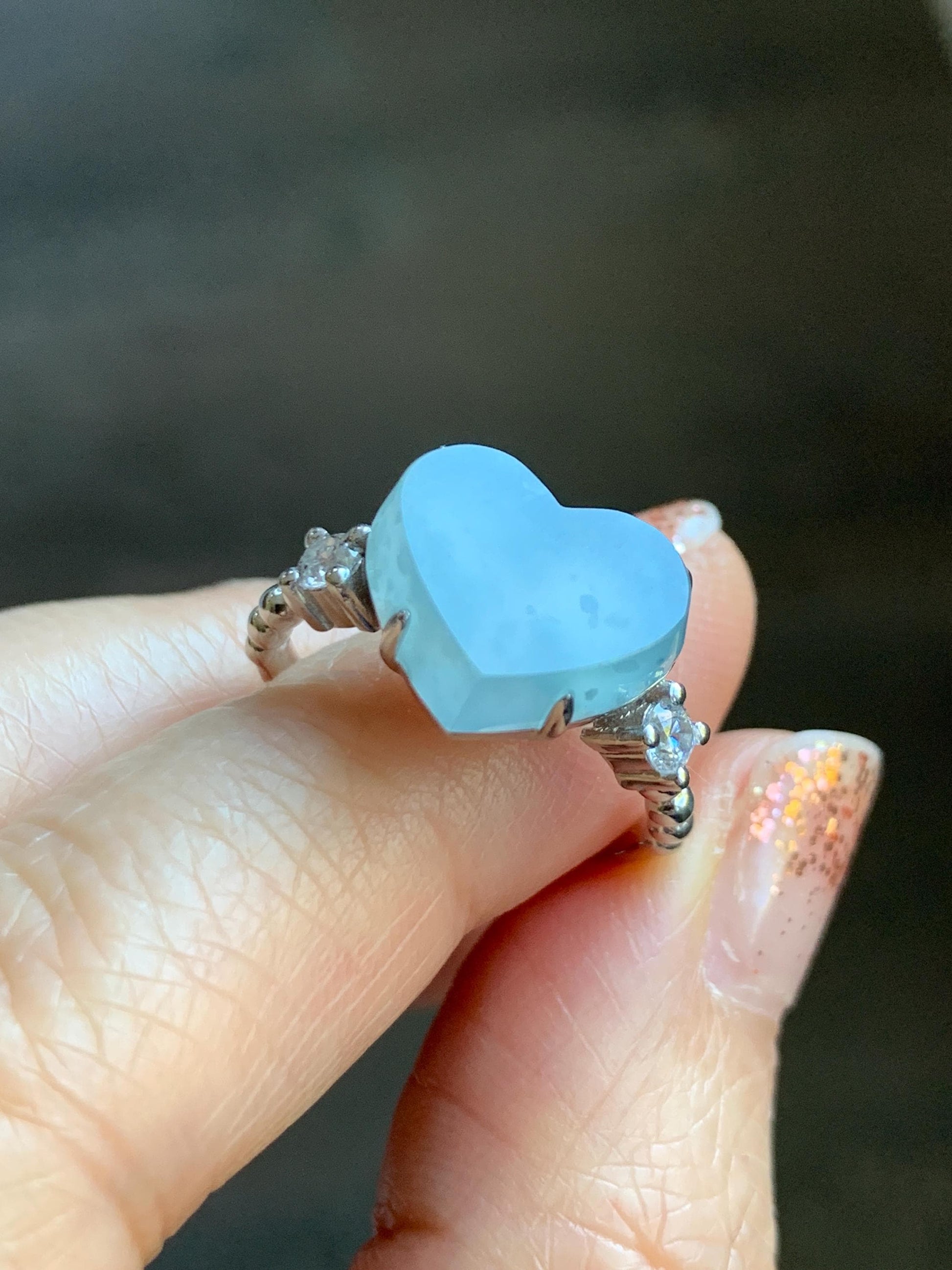 Certified Natural Grade A Guatemalan Icy Translucent Pastel Teal Blue Jade Jadeite Heart Ring Sterling Silver Size 7.25 天然冰危浅蓝翡翠爱心银镶戒指 188