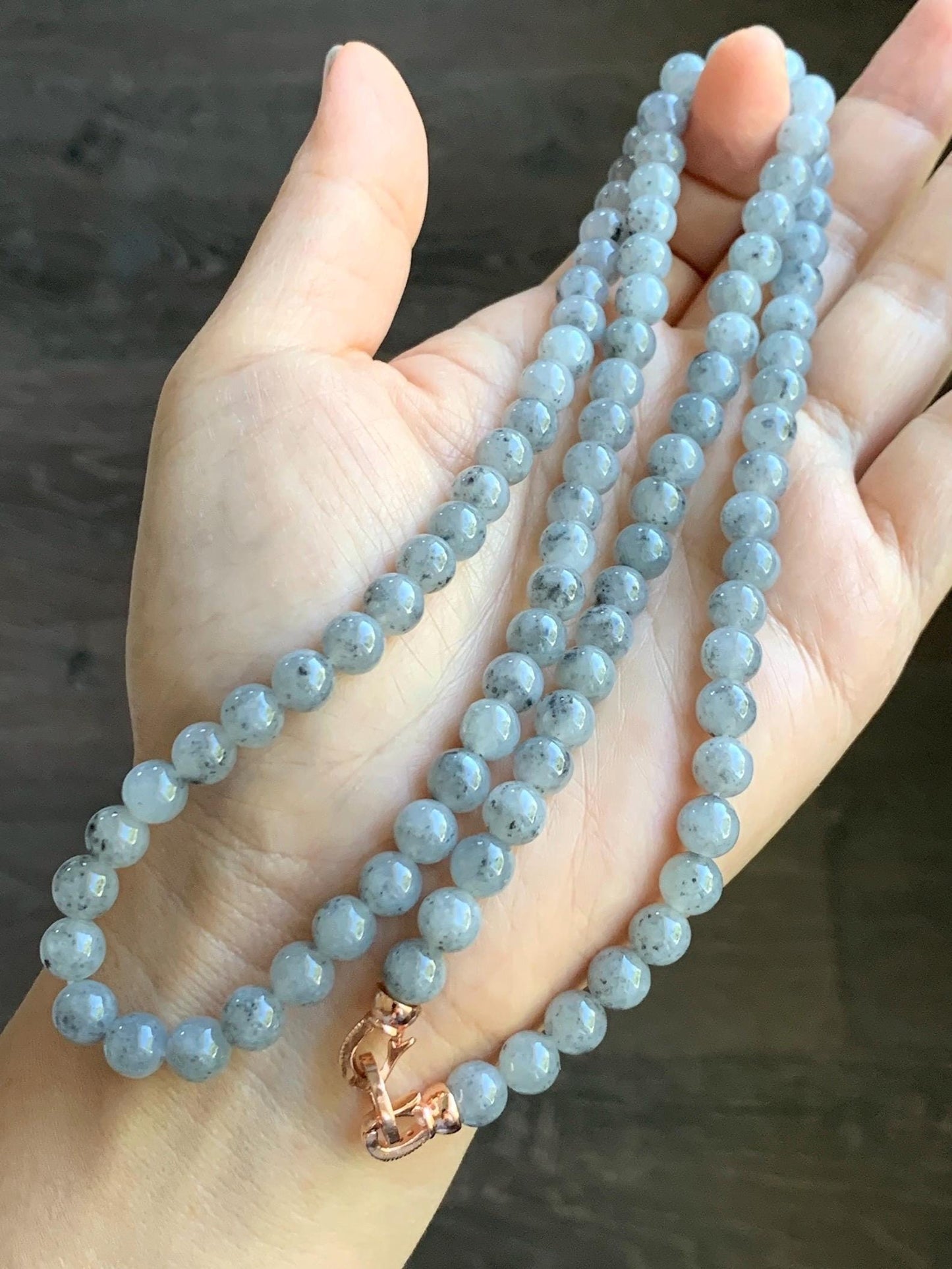 Natural Grade A Icy Highly Translucent Gelatinous Wuji Jade Jadeite Beaded Necklace 7mm 27" 天然冰胶乌鸡翡翠圆珠长链 MWJ363
