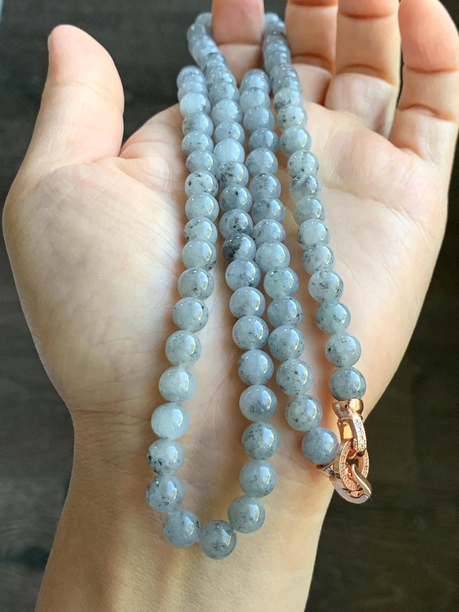Natural Grade A Icy Highly Translucent Gelatinous Wuji Jade Jadeite Beaded Necklace 7mm 27" 天然冰胶乌鸡翡翠圆珠长链 MWJ363