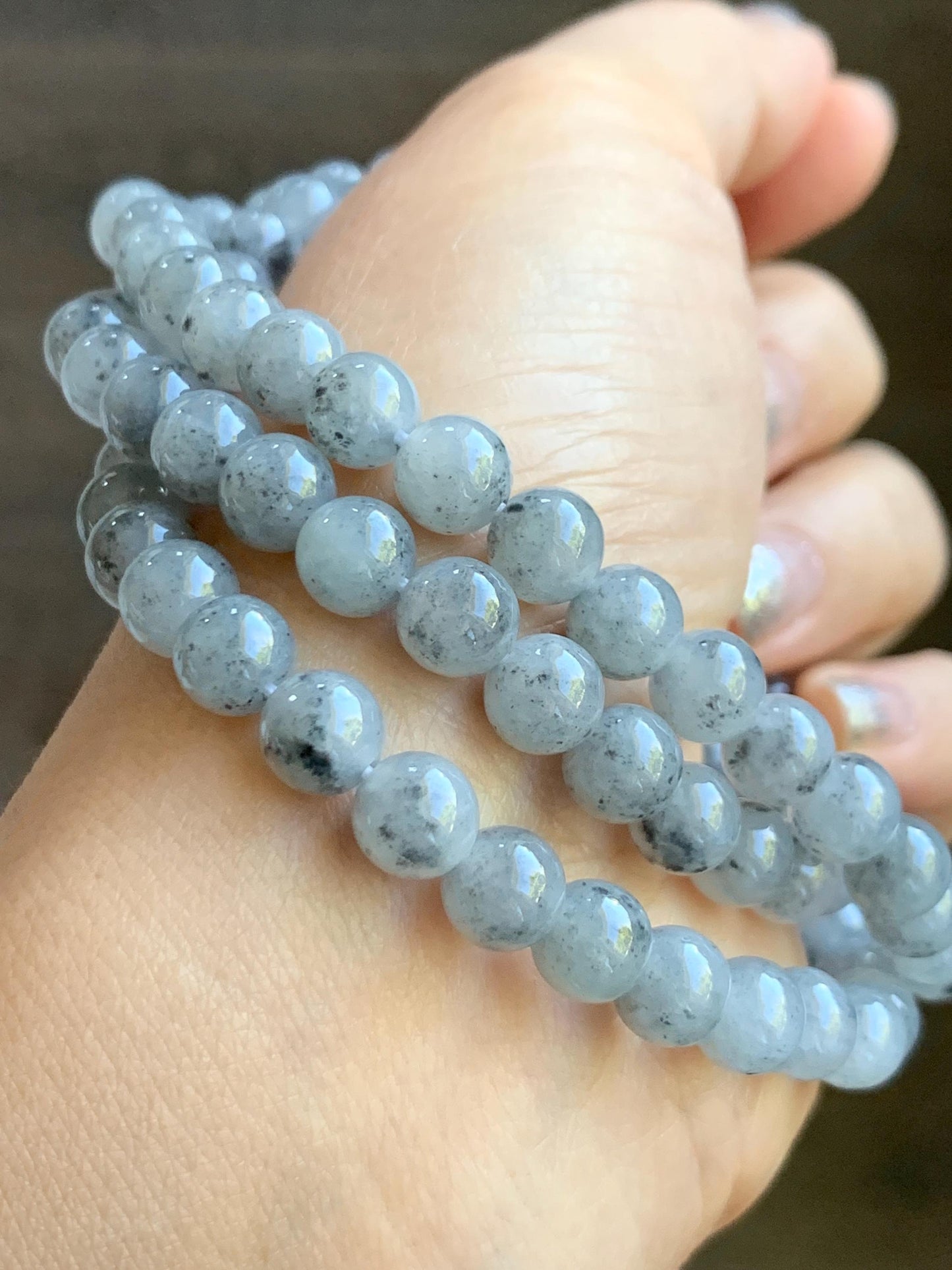 Natural Grade A Icy Highly Translucent Gelatinous Wuji Jade Jadeite Beaded Necklace 7mm 27" 天然冰胶乌鸡翡翠圆珠长链 MWJ363