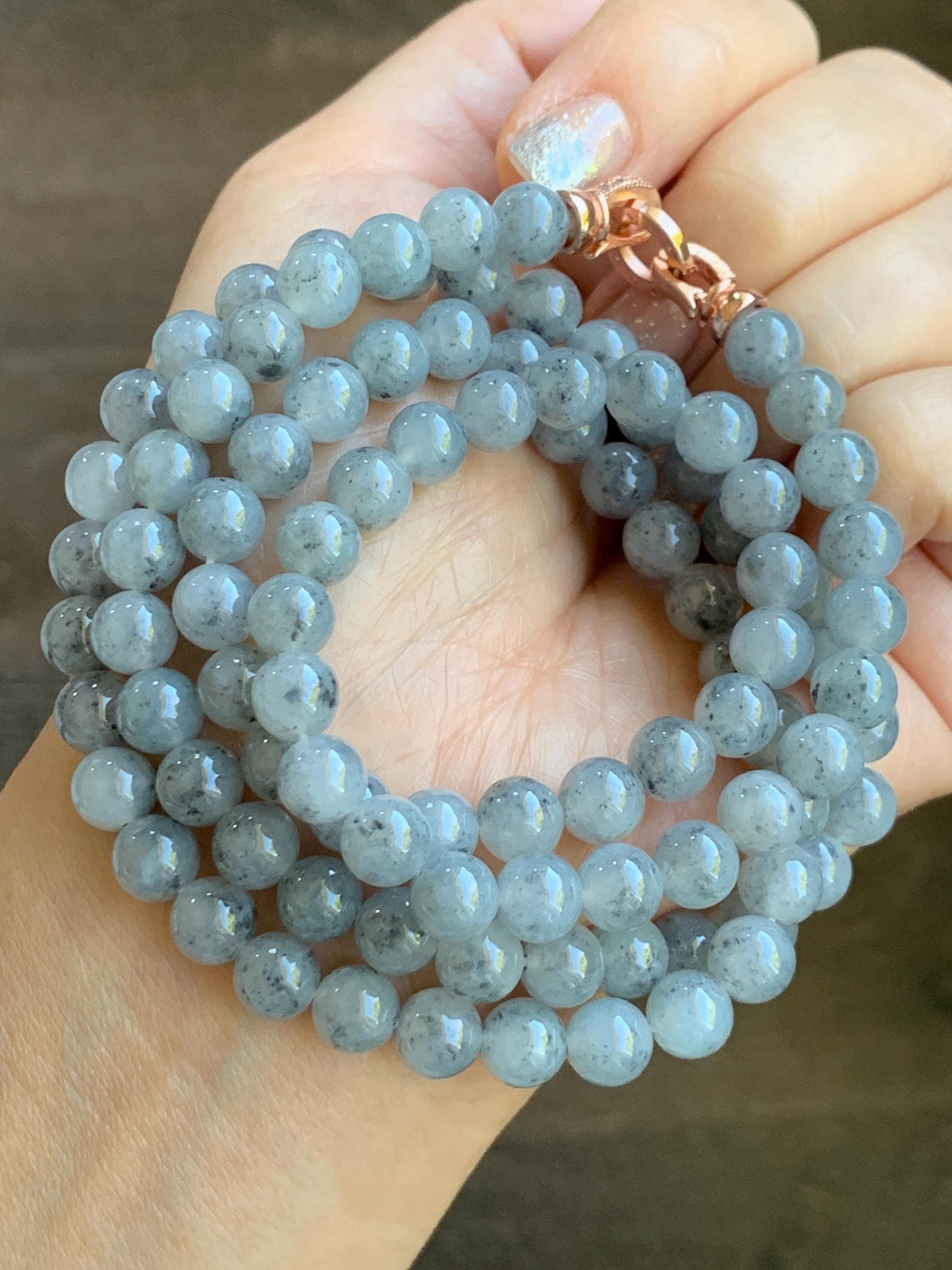 Natural Grade A Icy Highly Translucent Gelatinous Wuji Jade Jadeite Beaded Necklace 7mm 27" 天然冰胶乌鸡翡翠圆珠长链 MWJ363