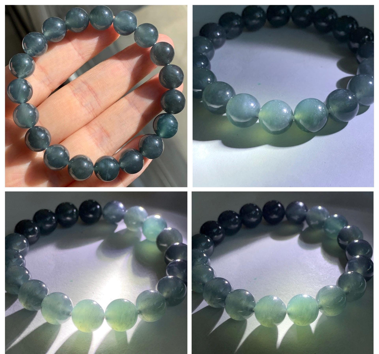 Certified Natural Grade A Guatemalan Icy Highly Translucent Dark Teal Wuji Jade Jadeite Beads Beaded Bracelet 9.8mm 7” 天然冰胶危深蓝乌鸡翡翠手串 490