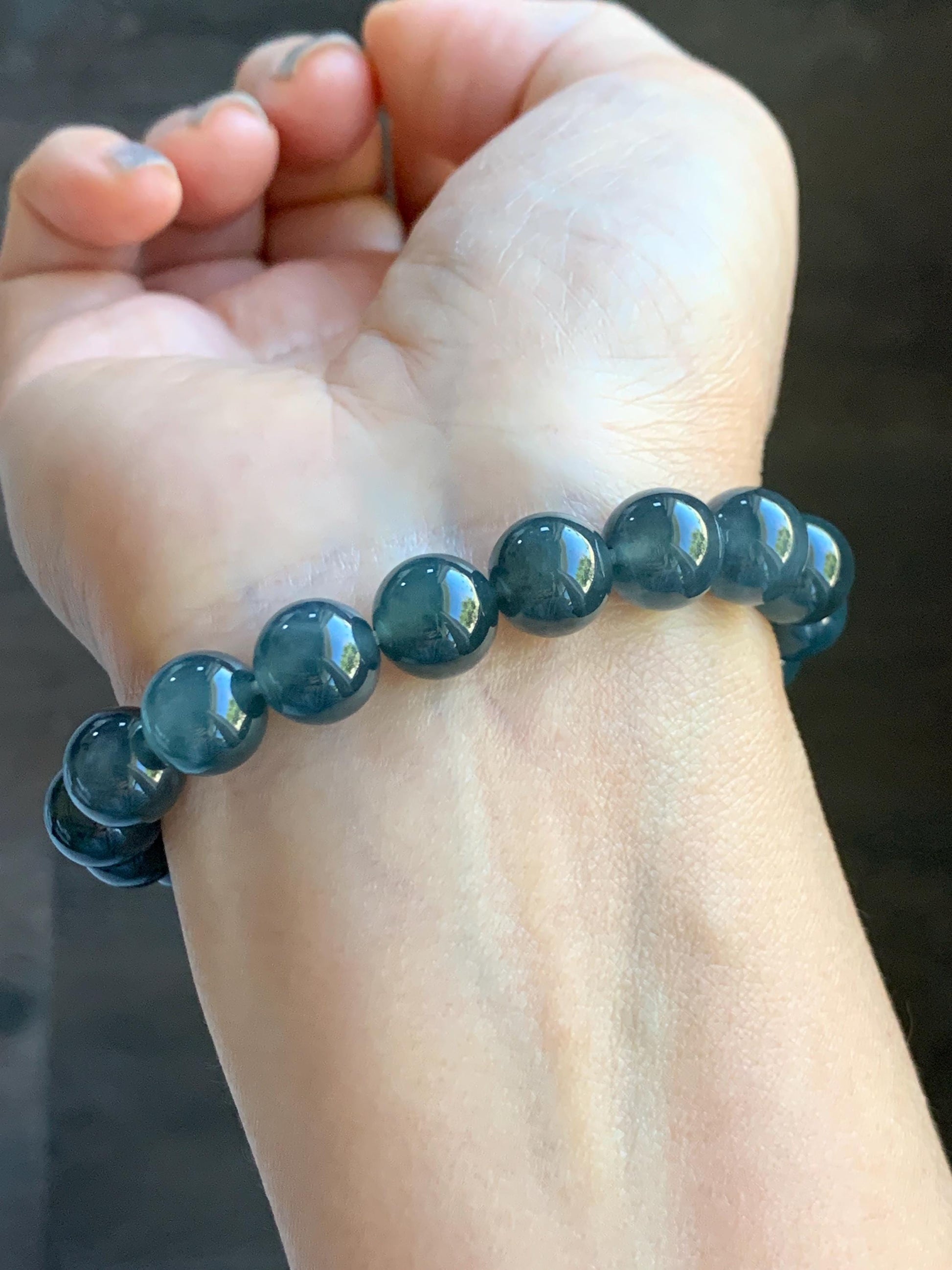 Certified Natural Grade A Guatemalan Icy Highly Translucent Dark Teal Wuji Jade Jadeite Beads Beaded Bracelet 9.8mm 7” 天然冰胶危深蓝乌鸡翡翠手串 490