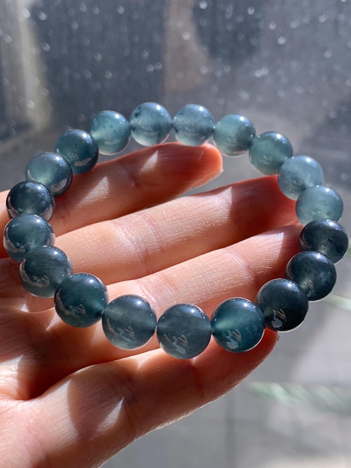 Certified Natural Grade A Guatemalan Icy Highly Translucent Dark Teal Wuji Jade Jadeite Beads Beaded Bracelet 9.8mm 7” 天然冰胶危深蓝乌鸡翡翠手串 490