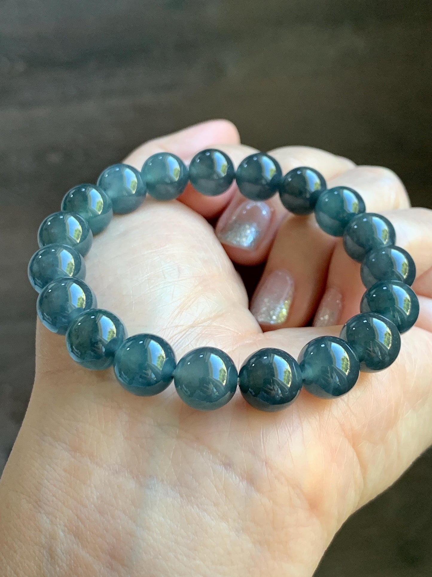 Certified Natural Grade A Guatemalan Icy Highly Translucent Dark Teal Wuji Jade Jadeite Beads Beaded Bracelet 9.8mm 7” 天然冰胶危深蓝乌鸡翡翠手串 490