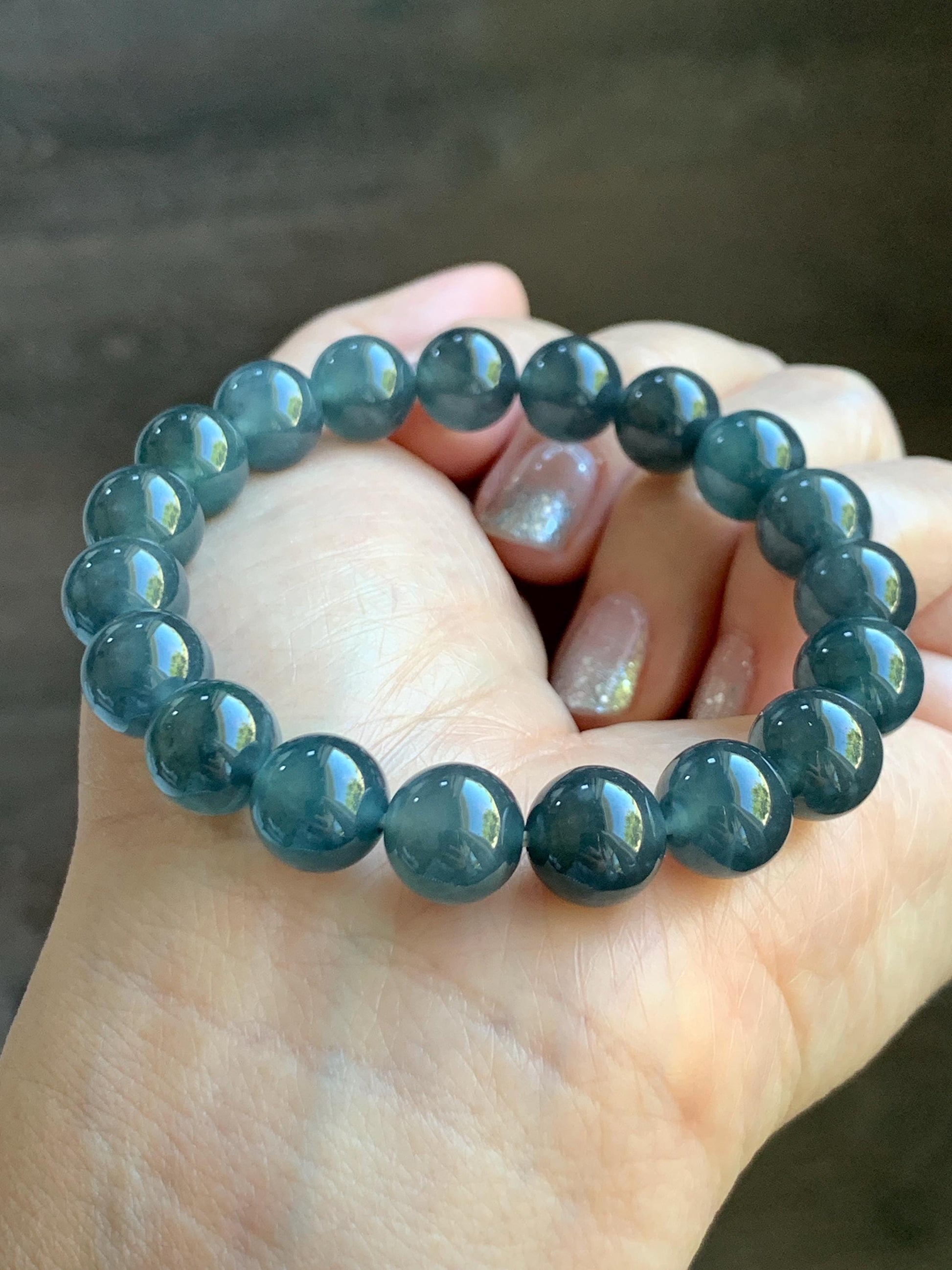 Certified Natural Grade A Guatemalan Icy Highly Translucent Dark Teal Wuji Jade Jadeite Beads Beaded Bracelet 9.8mm 7” 天然冰胶危深蓝乌鸡翡翠手串 490