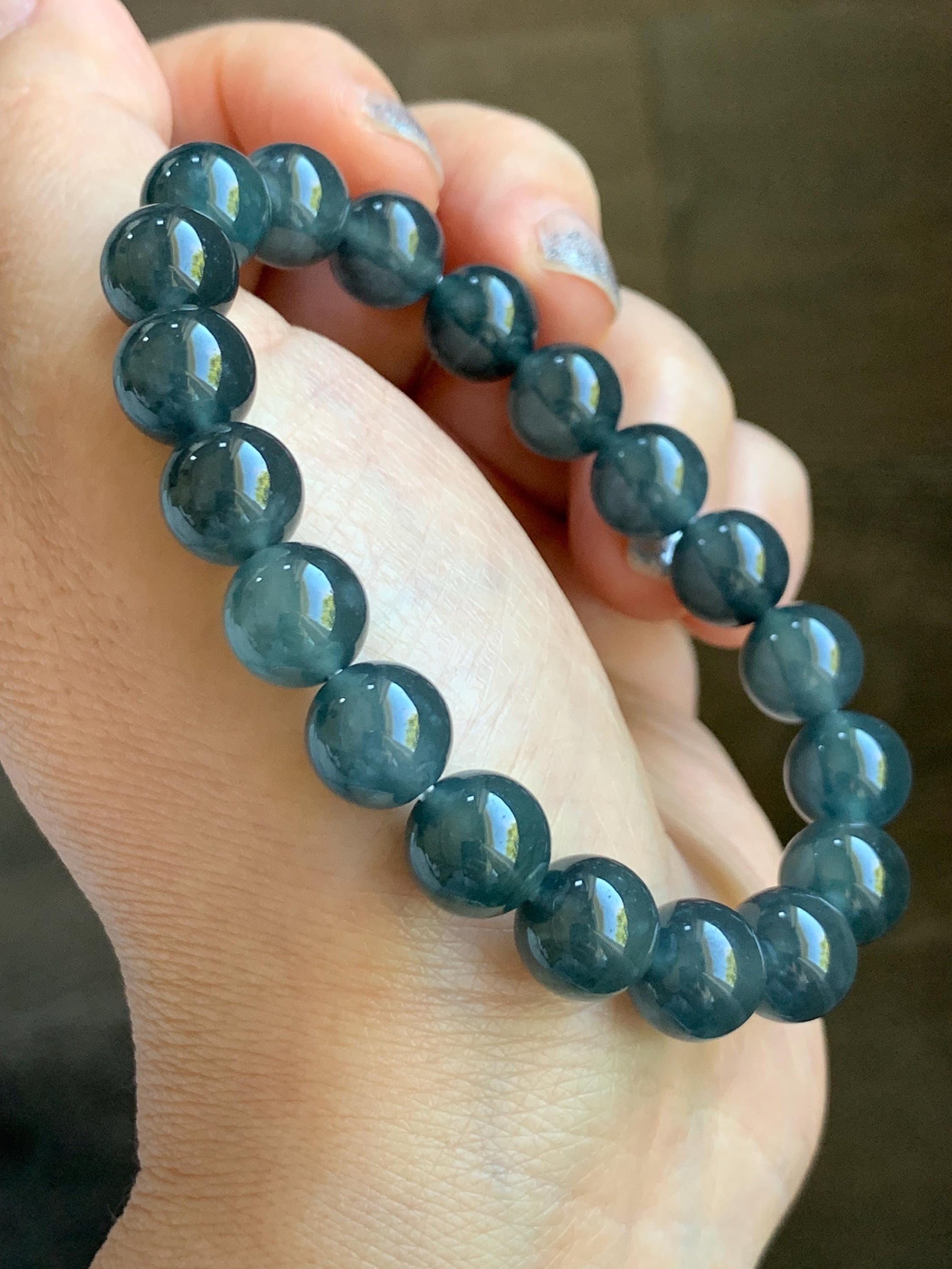 Certified Natural Grade A Guatemalan Icy Highly Translucent Dark Teal Wuji Jade Jadeite Beads Beaded Bracelet 9.8mm 7” 天然冰胶危深蓝乌鸡翡翠手串 490
