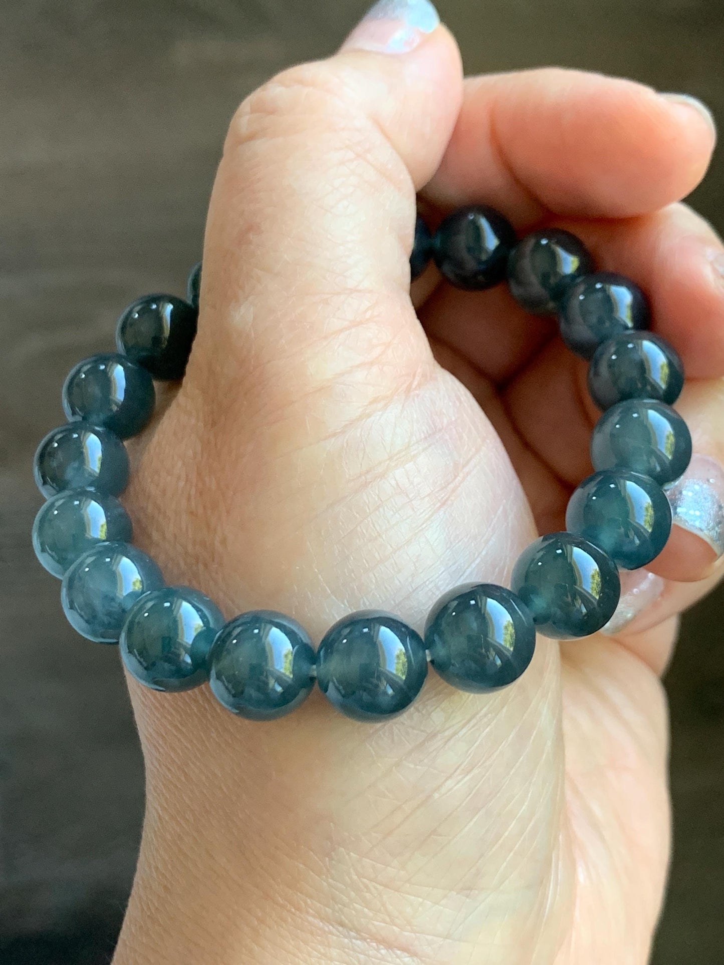 Certified Natural Grade A Guatemalan Icy Highly Translucent Dark Teal Wuji Jade Jadeite Beads Beaded Bracelet 9.8mm 7” 天然冰胶危深蓝乌鸡翡翠手串 490