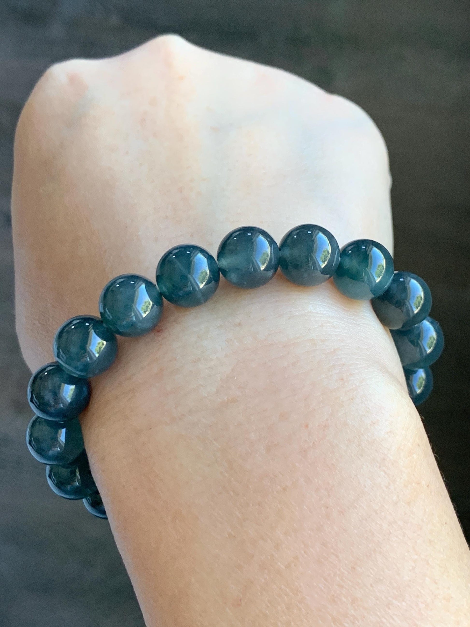 Certified Natural Grade A Guatemalan Icy Highly Translucent Dark Teal Wuji Jade Jadeite Beads Beaded Bracelet 9.8mm 7” 天然冰胶危深蓝乌鸡翡翠手串 490